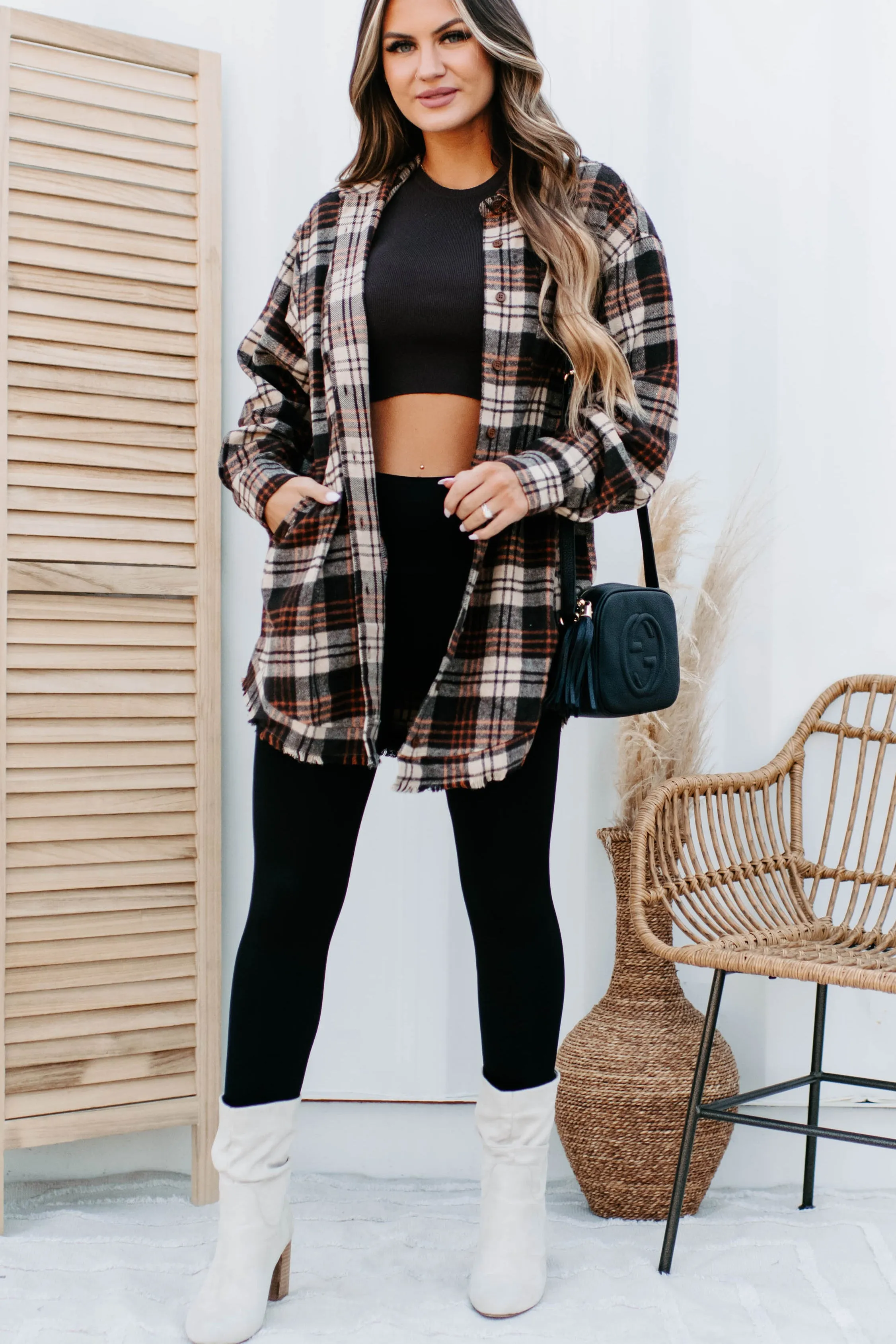 Ciders & Bonfires Long Plaid Shacket (Brown/Orange)