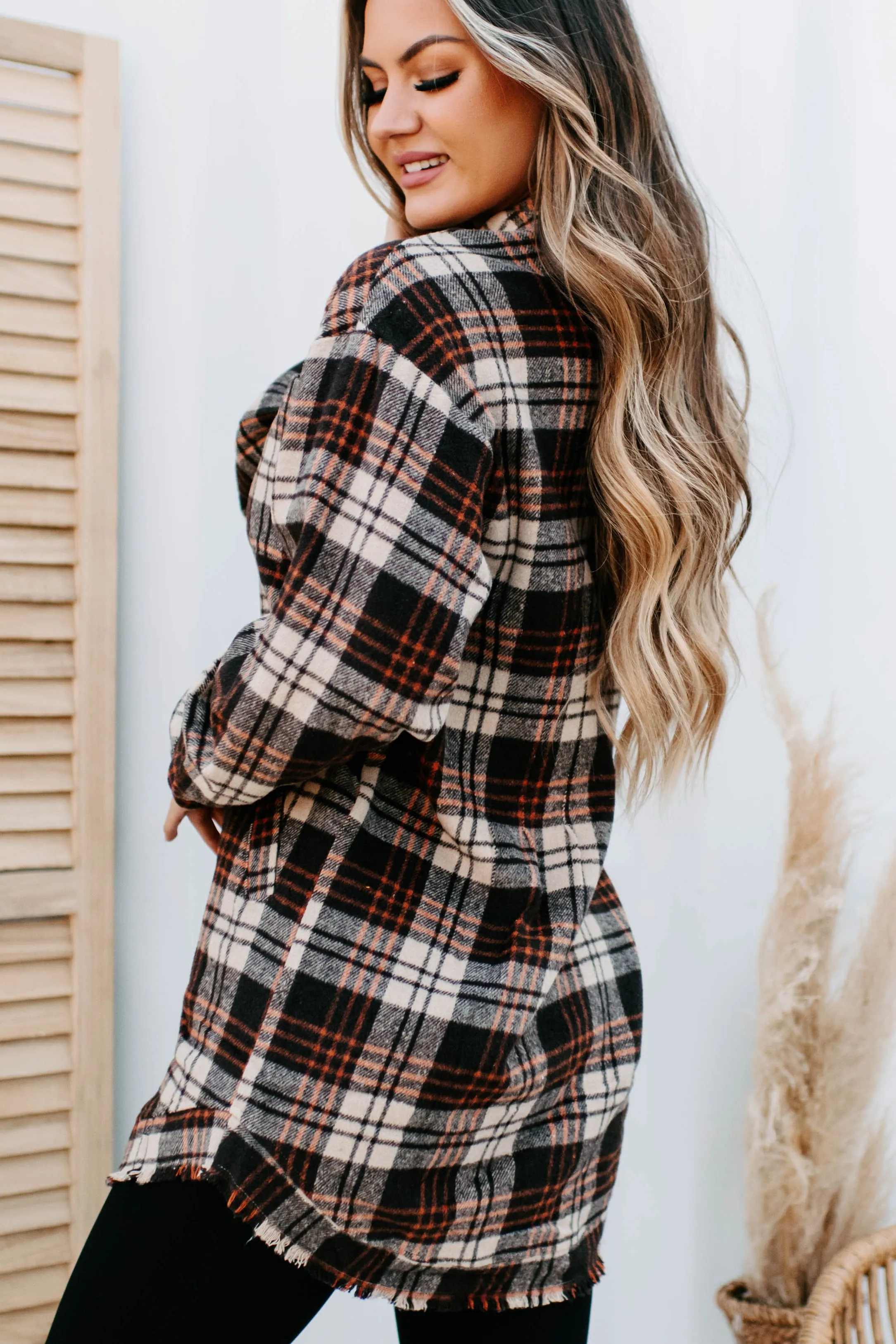 Ciders & Bonfires Long Plaid Shacket (Brown/Orange)