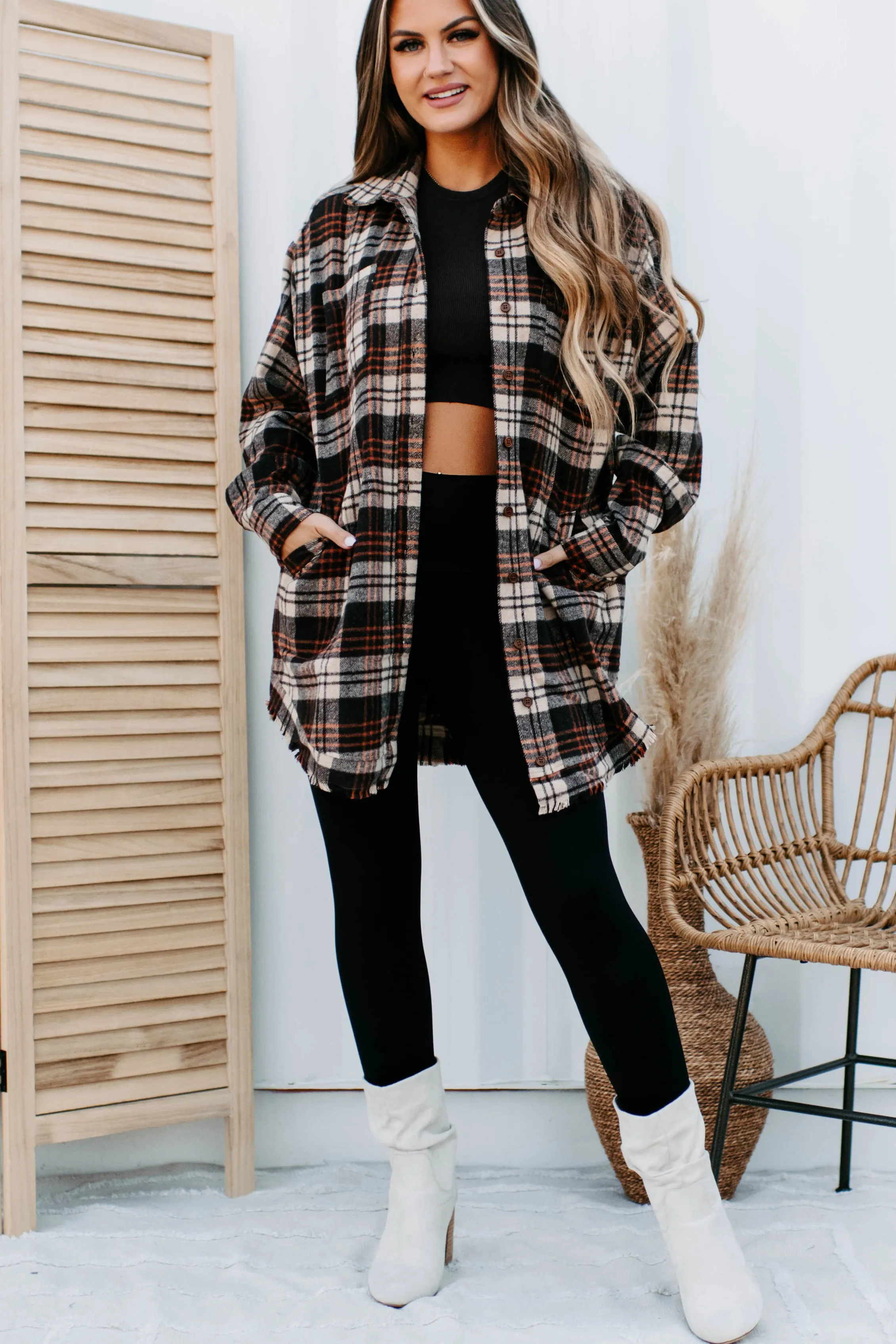 Ciders & Bonfires Long Plaid Shacket (Brown/Orange)