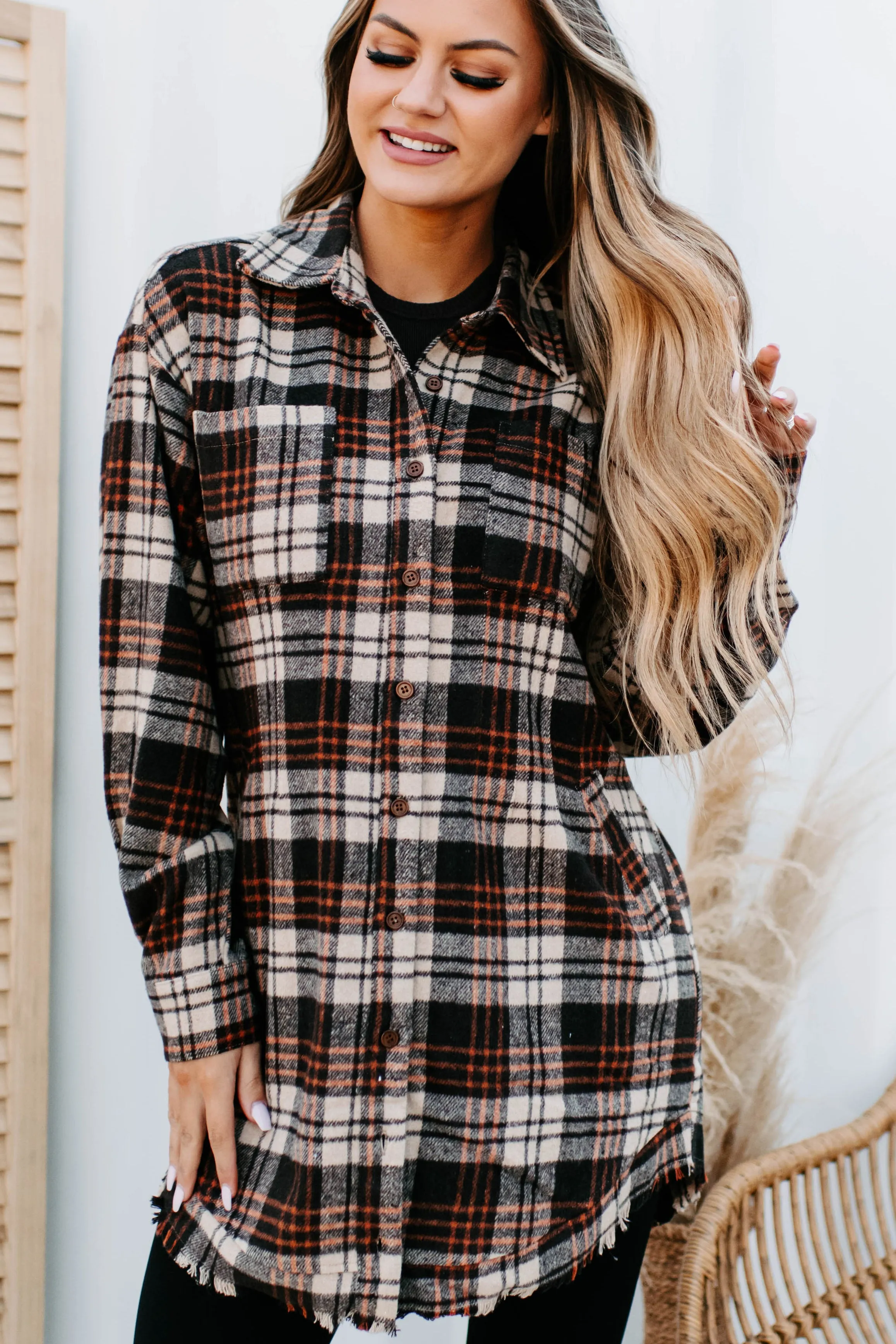 Ciders & Bonfires Long Plaid Shacket (Brown/Orange)