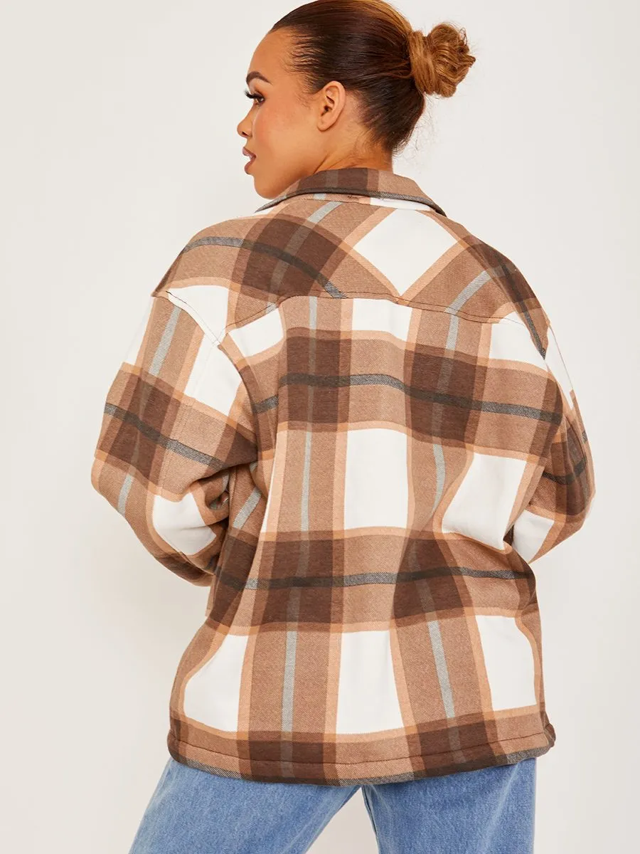 Colette Classic Thick Colour Block Checked Shirt Jacket Shacket In Chocolate