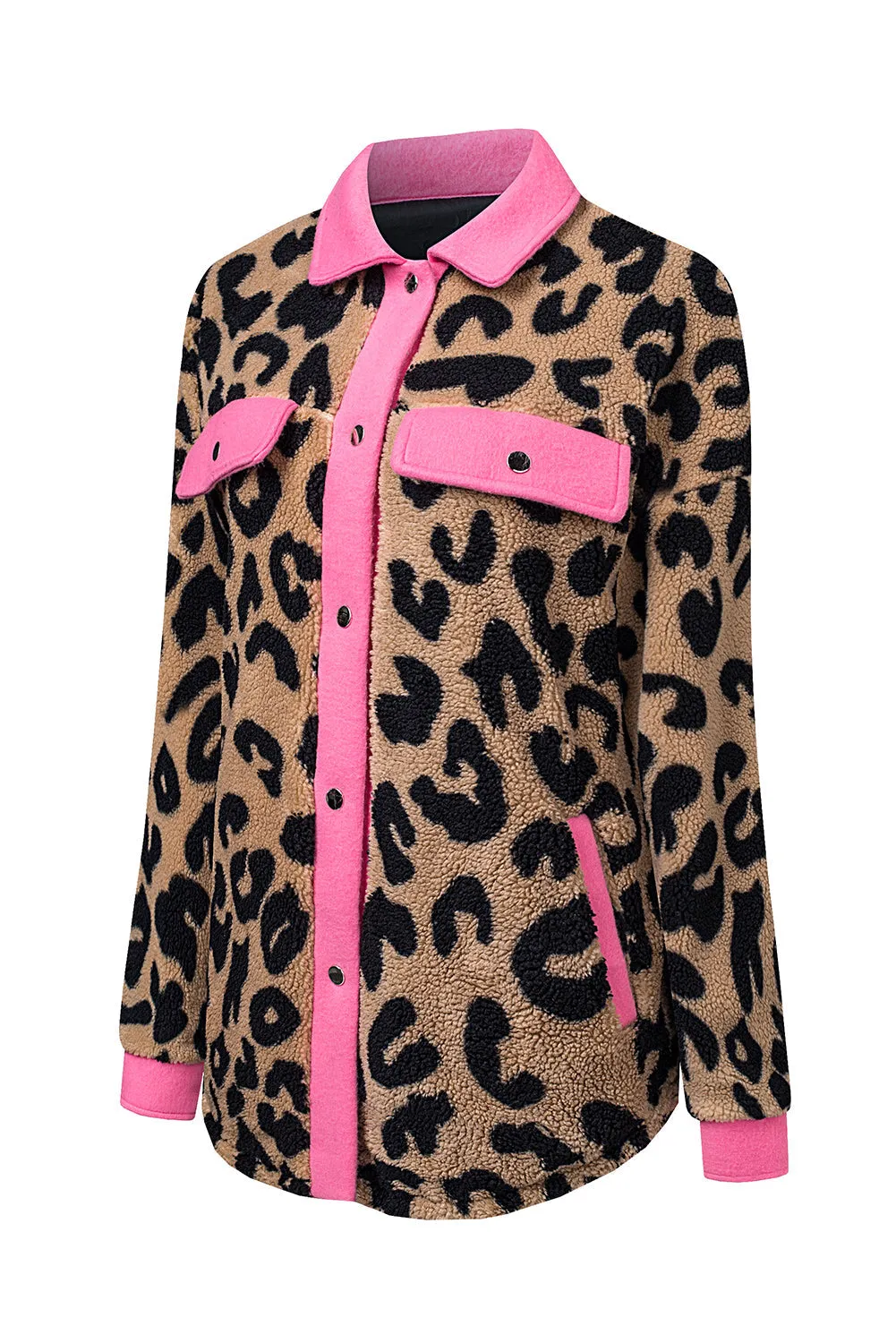 Contrast Trimmed Leopard Teddy Shacket