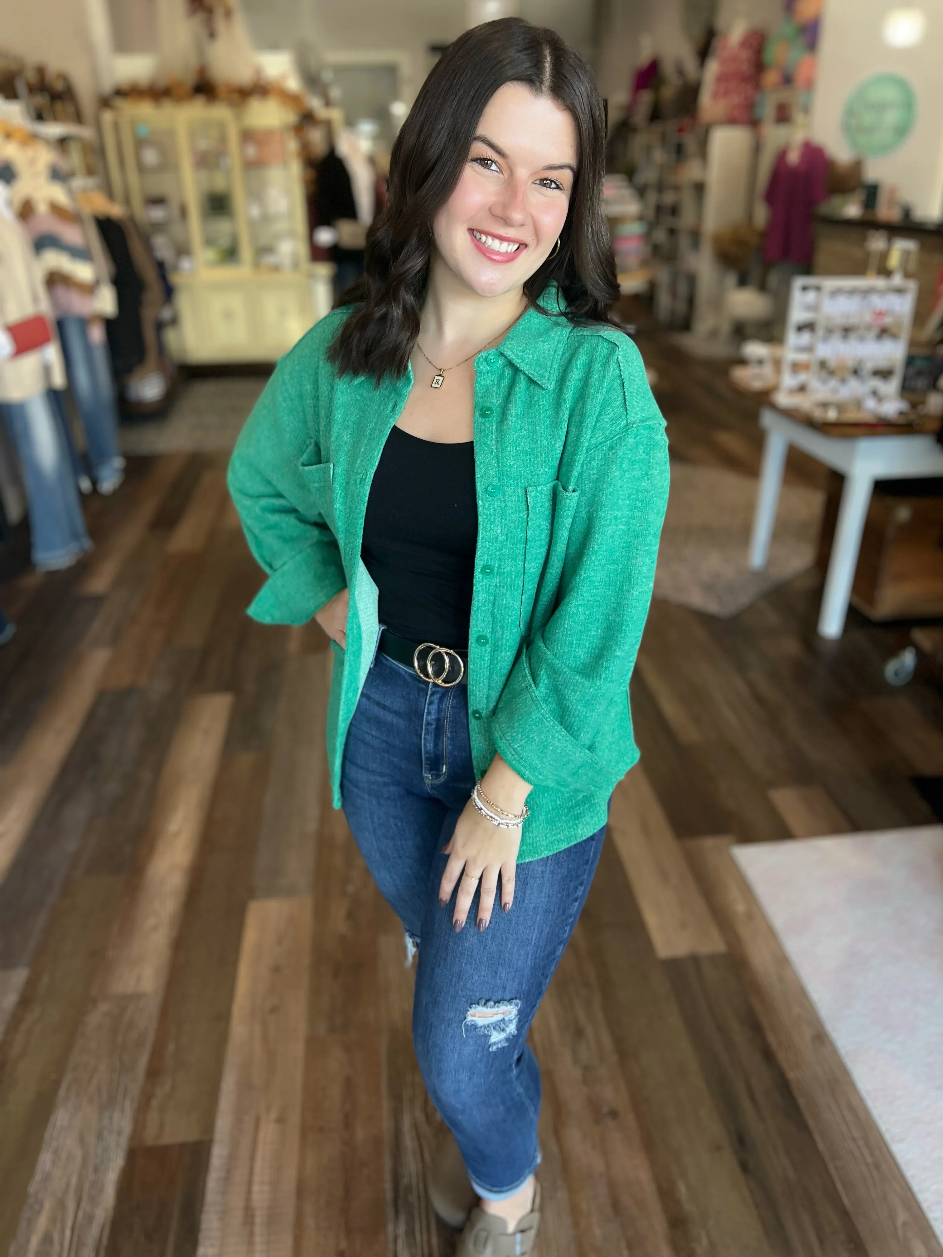 Cozy Button Down Shacket Jacket in Green