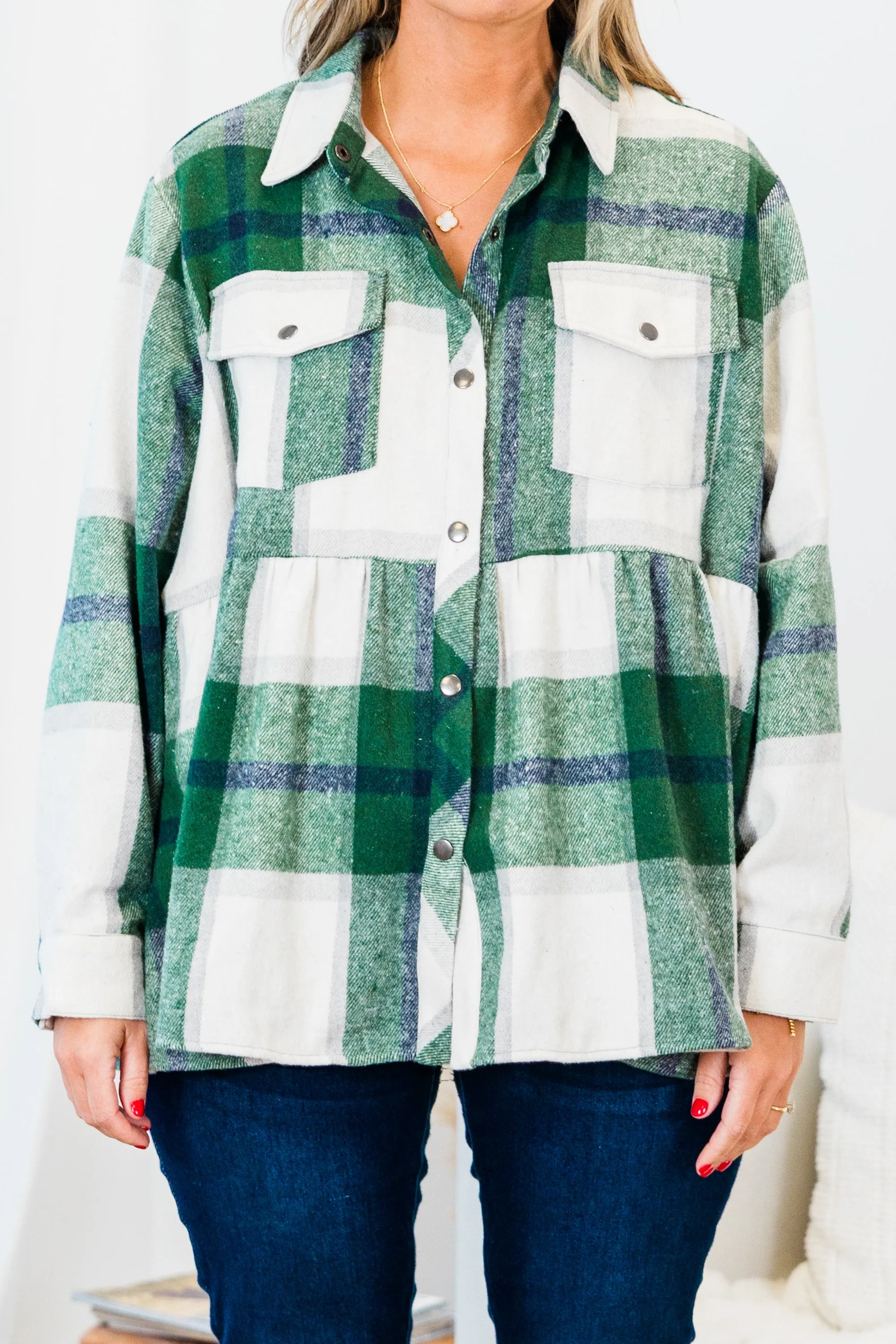 Cozy Plaid Babydoll Shacket, Green