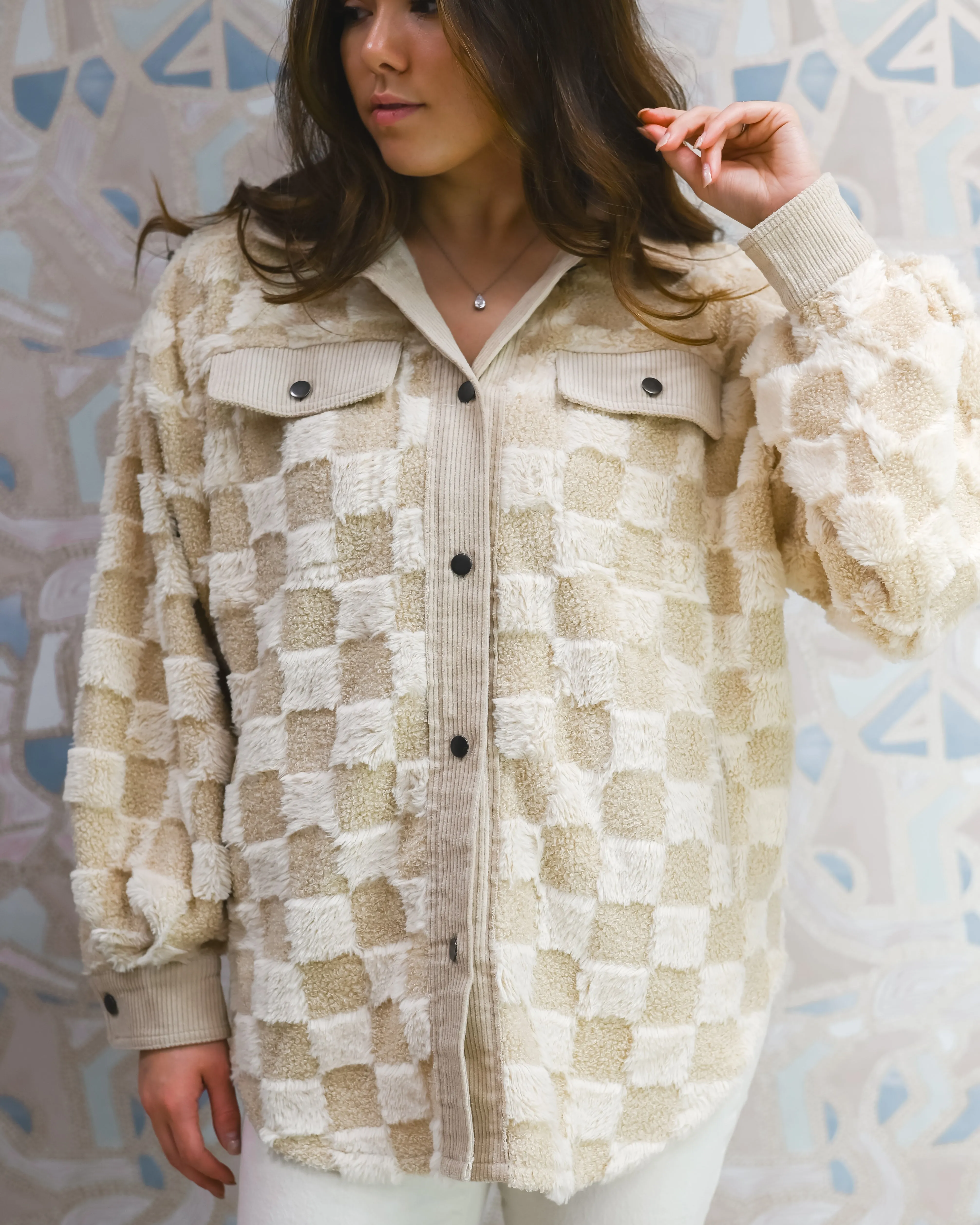 Cream Checkered Dual Teddy and Sherpa Shacket