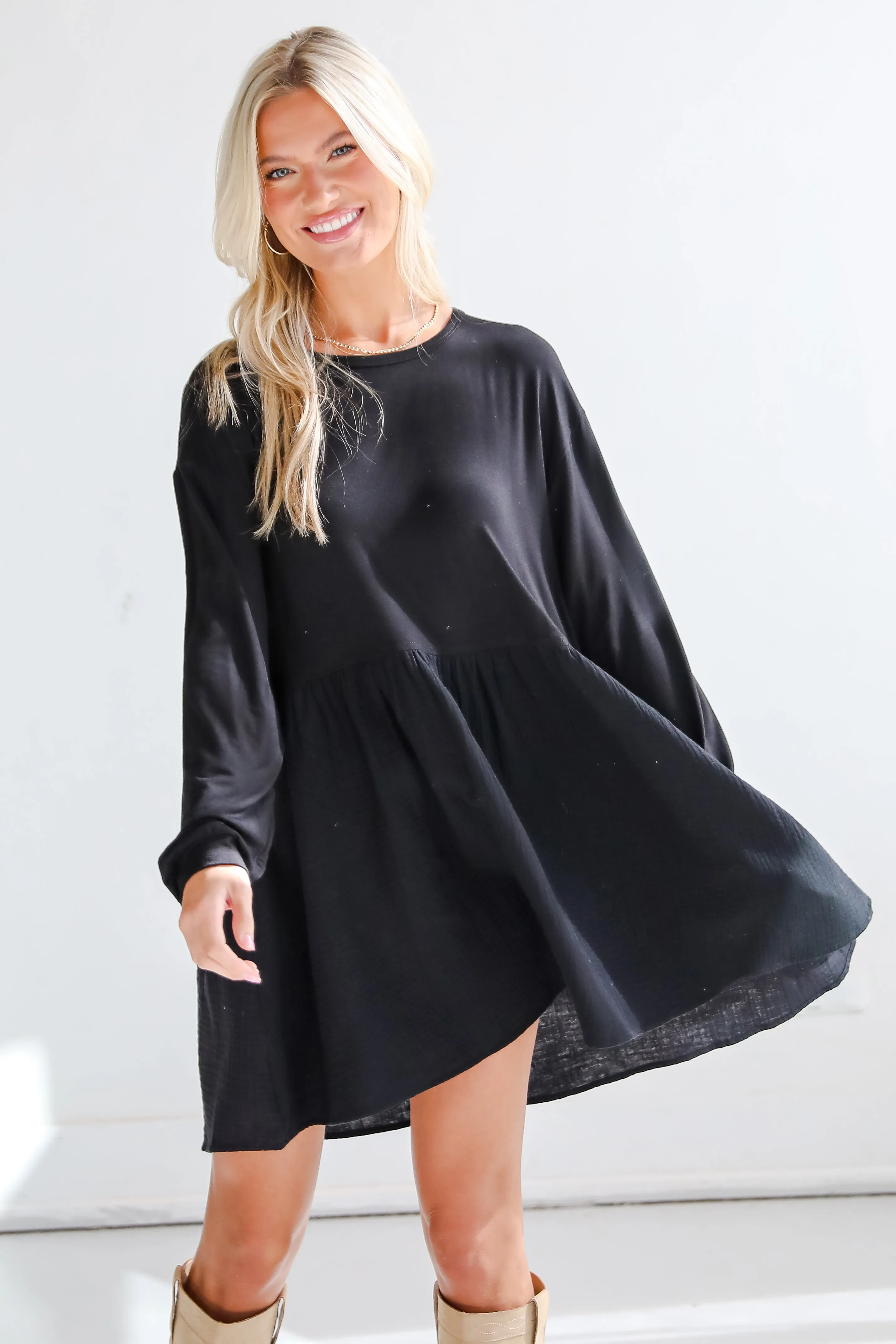 Cutest Persuasion Black Linen Contrast Babydoll Mini Dress