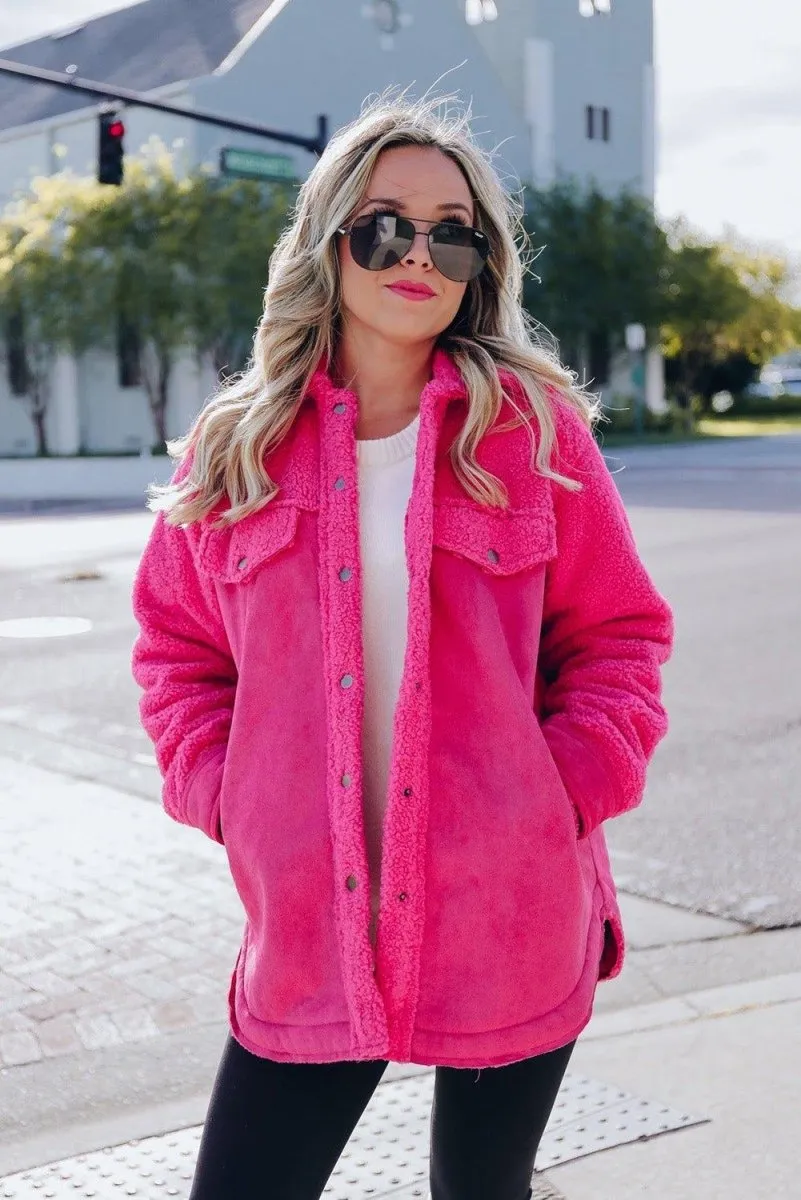 Dark Pink Faux Suede Sherpa Shacket