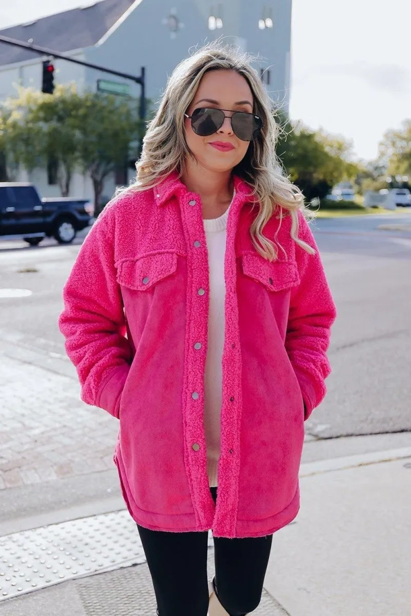 Dark Pink Faux Suede Sherpa Shacket