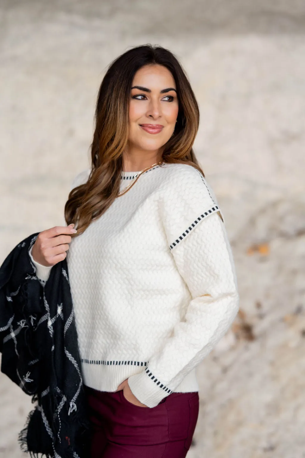 Dashed Trim Textured Sweater