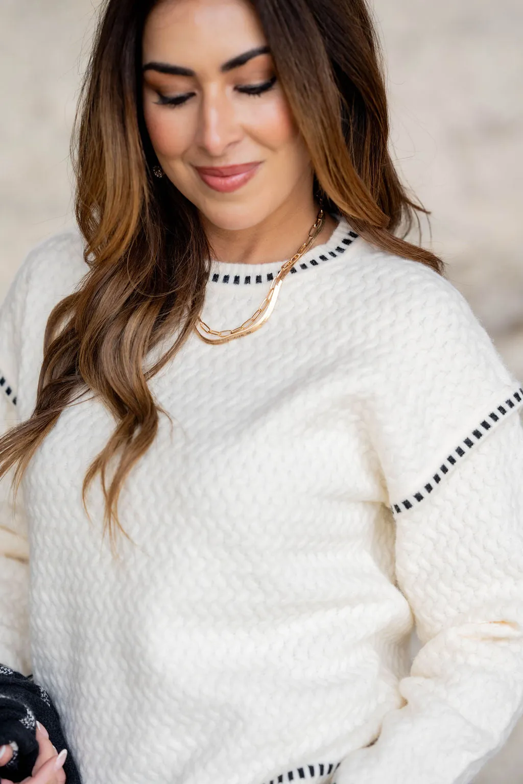 Dashed Trim Textured Sweater