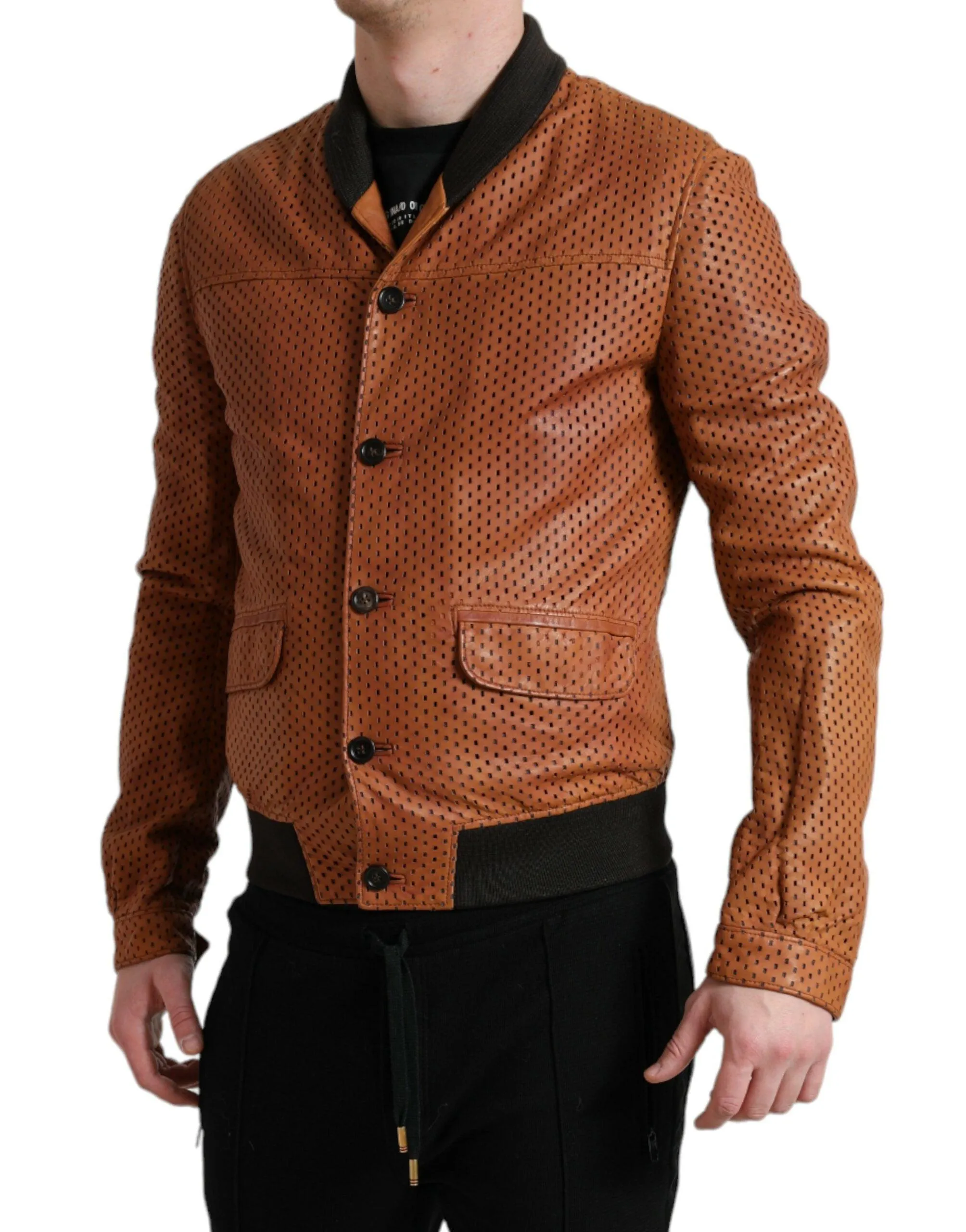 Dolce & Gabbana Brown Lambskin Leather Perforated Jacket