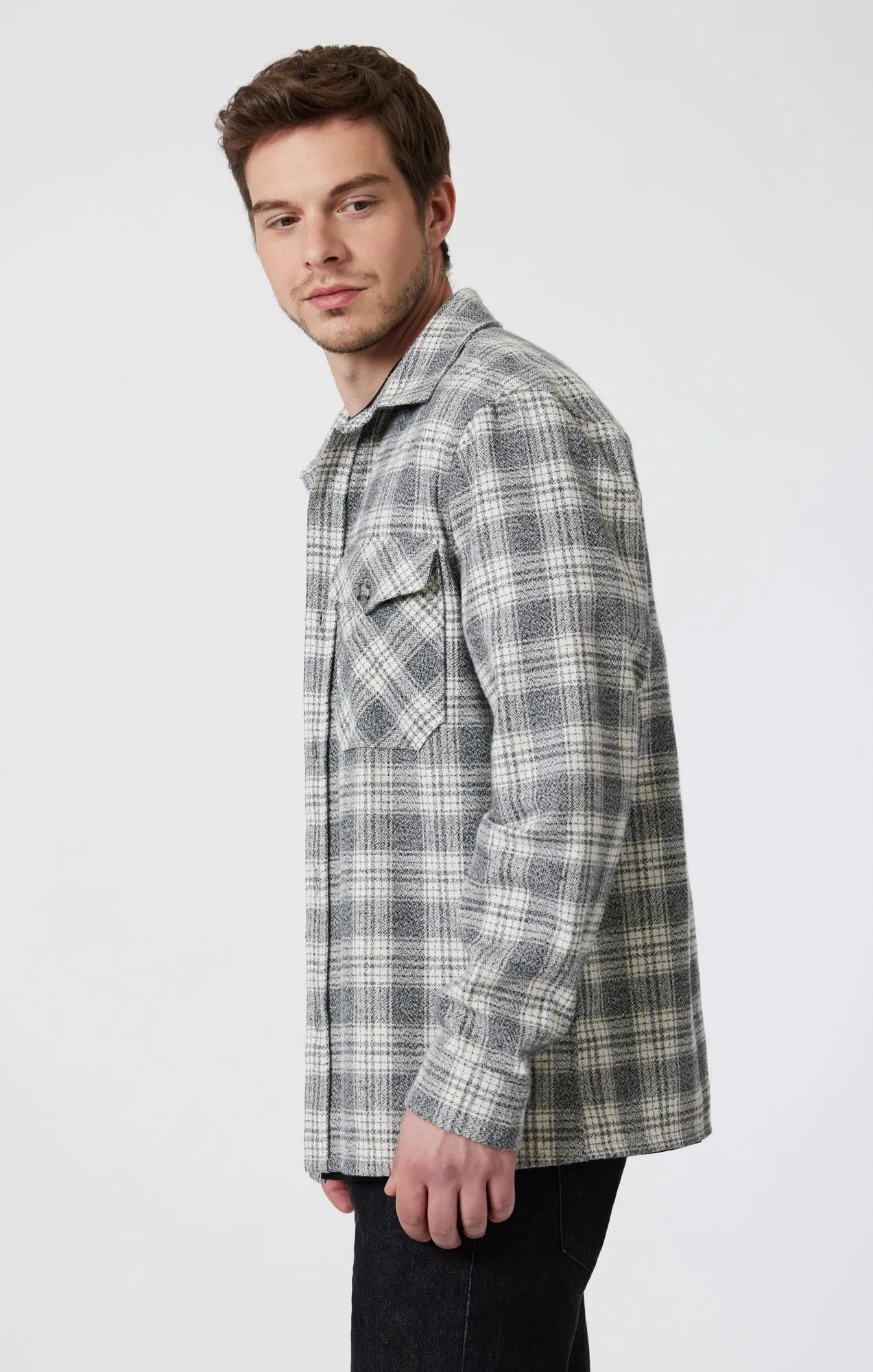 DOUBLE POCKET CHECK SHIRT IN GREY MARL CHECK