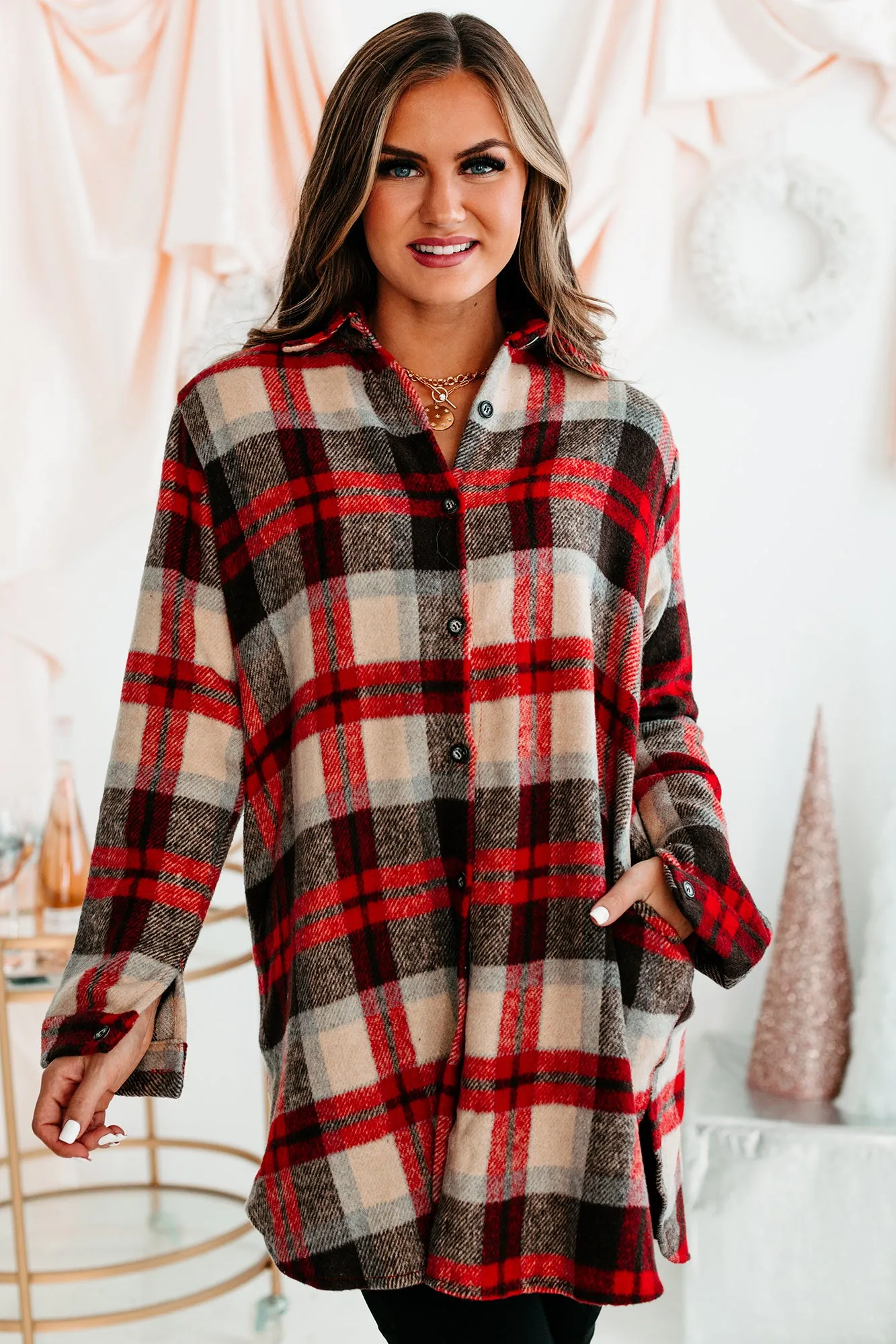 Emotional Overload Lightweight Plaid Shacket (Ivory/Red)