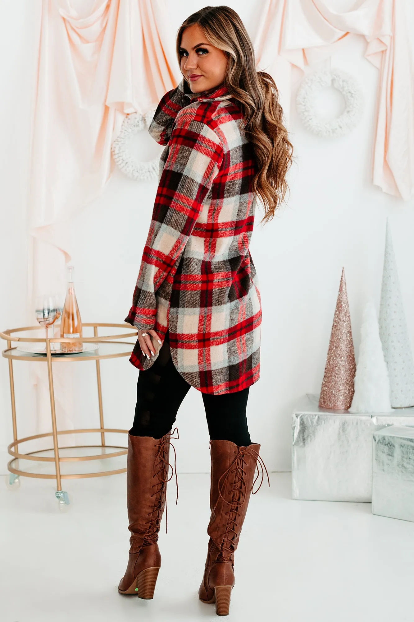 Emotional Overload Lightweight Plaid Shacket (Ivory/Red)