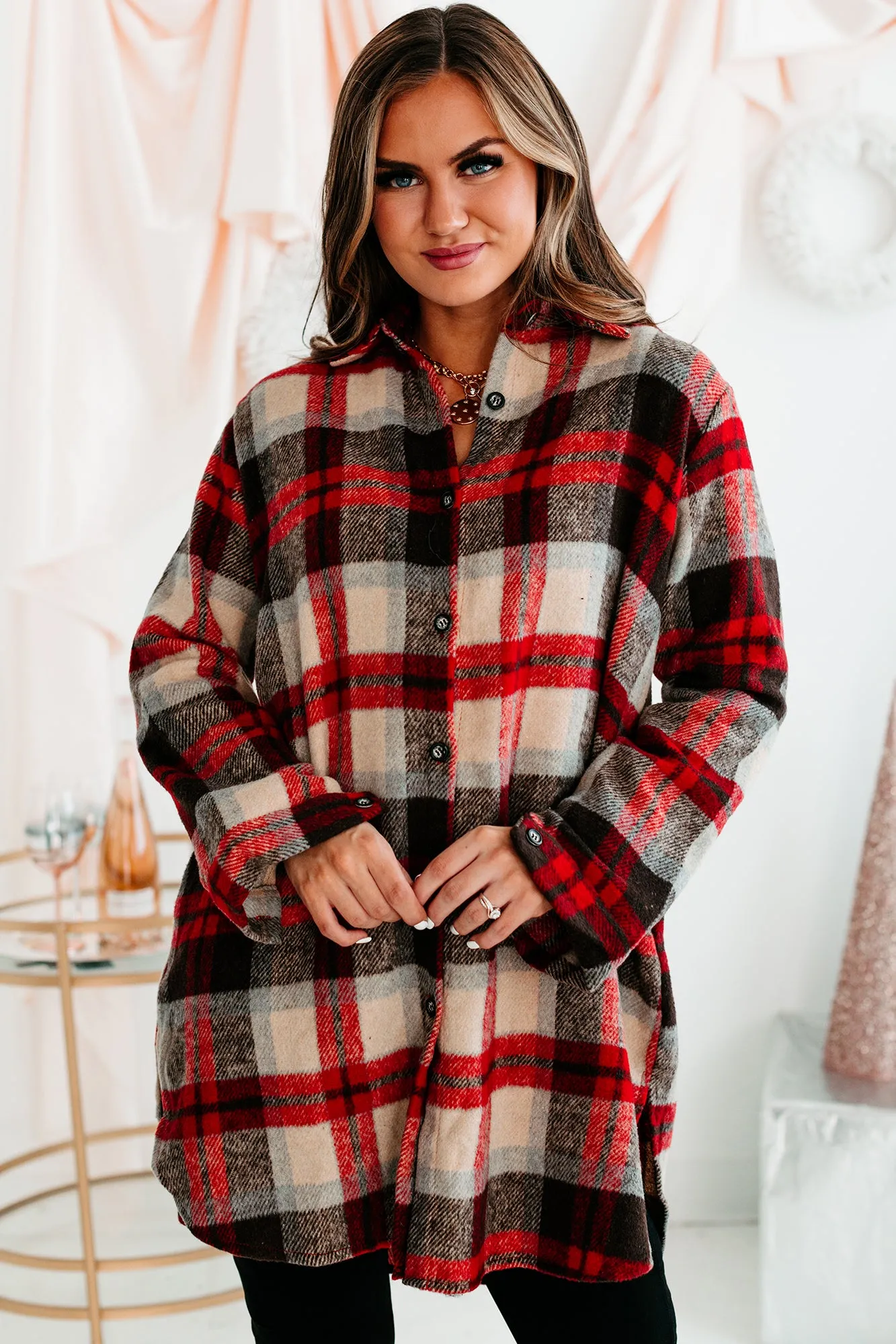 Emotional Overload Lightweight Plaid Shacket (Ivory/Red)