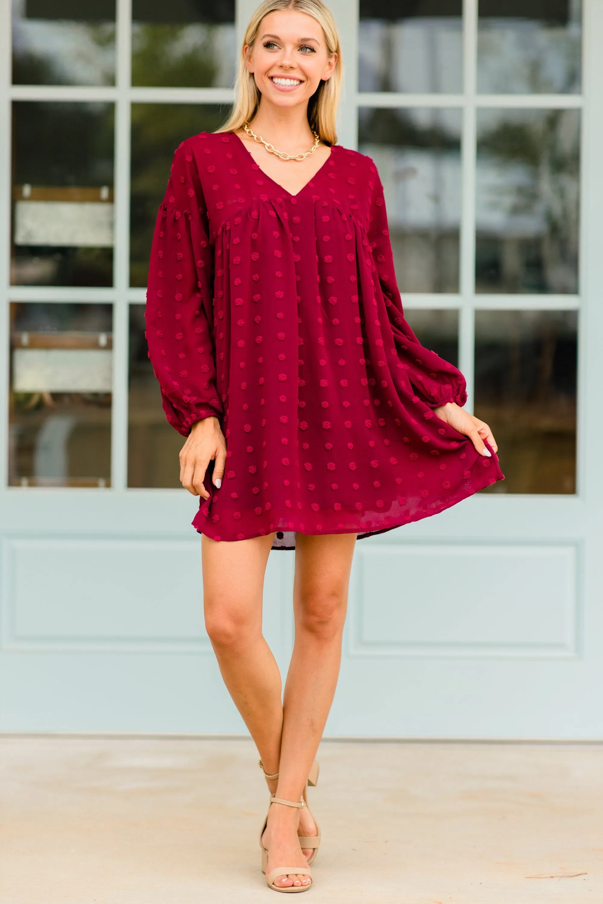 Everywhere I Go Burgundy Red Swiss Dot Dress