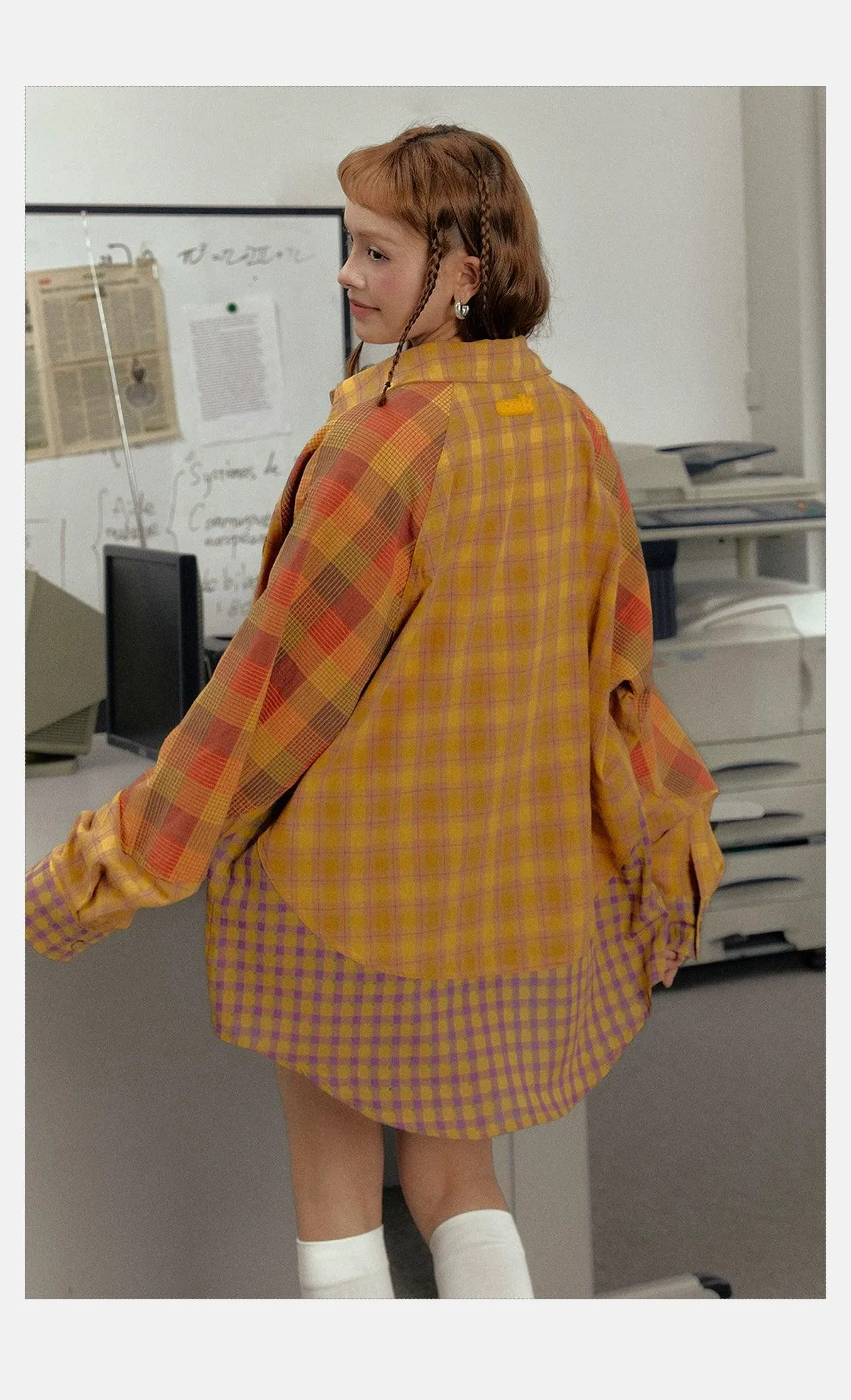 Ezek Mustard Plaid Oversized Shirt Jacket - Unisex Colorblock Flannel Shacket With Purple Checks