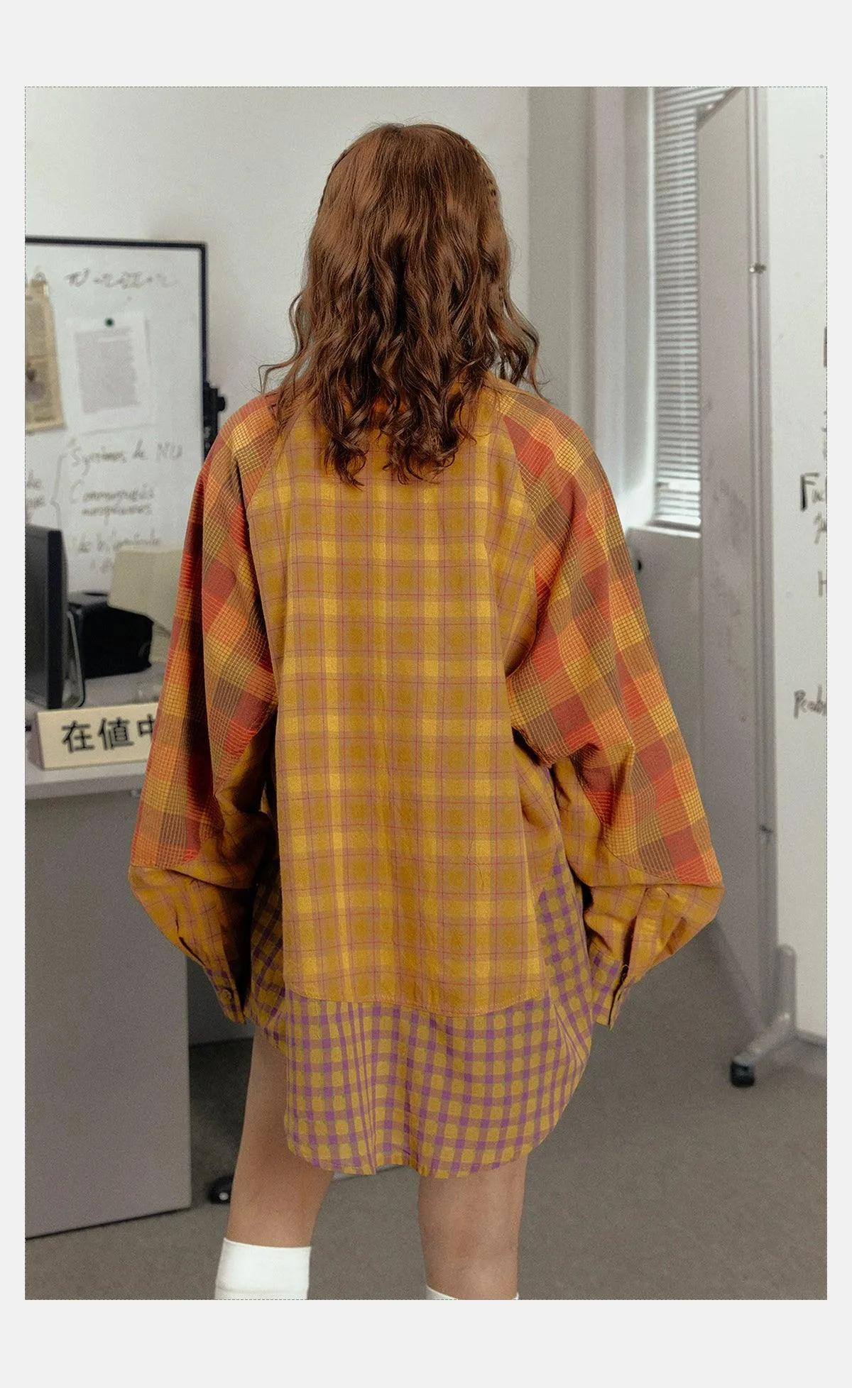 Ezek Mustard Plaid Oversized Shirt Jacket - Unisex Colorblock Flannel Shacket With Purple Checks