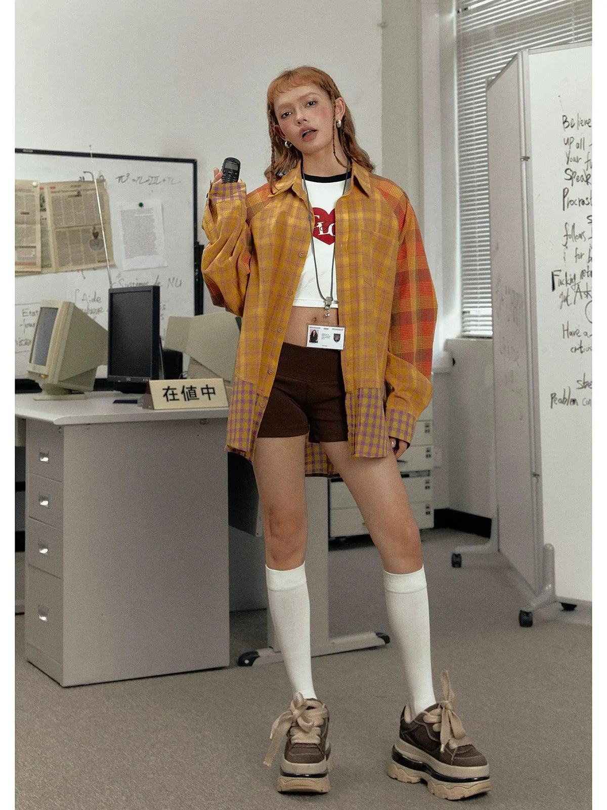 Ezek Mustard Plaid Oversized Shirt Jacket - Unisex Colorblock Flannel Shacket With Purple Checks