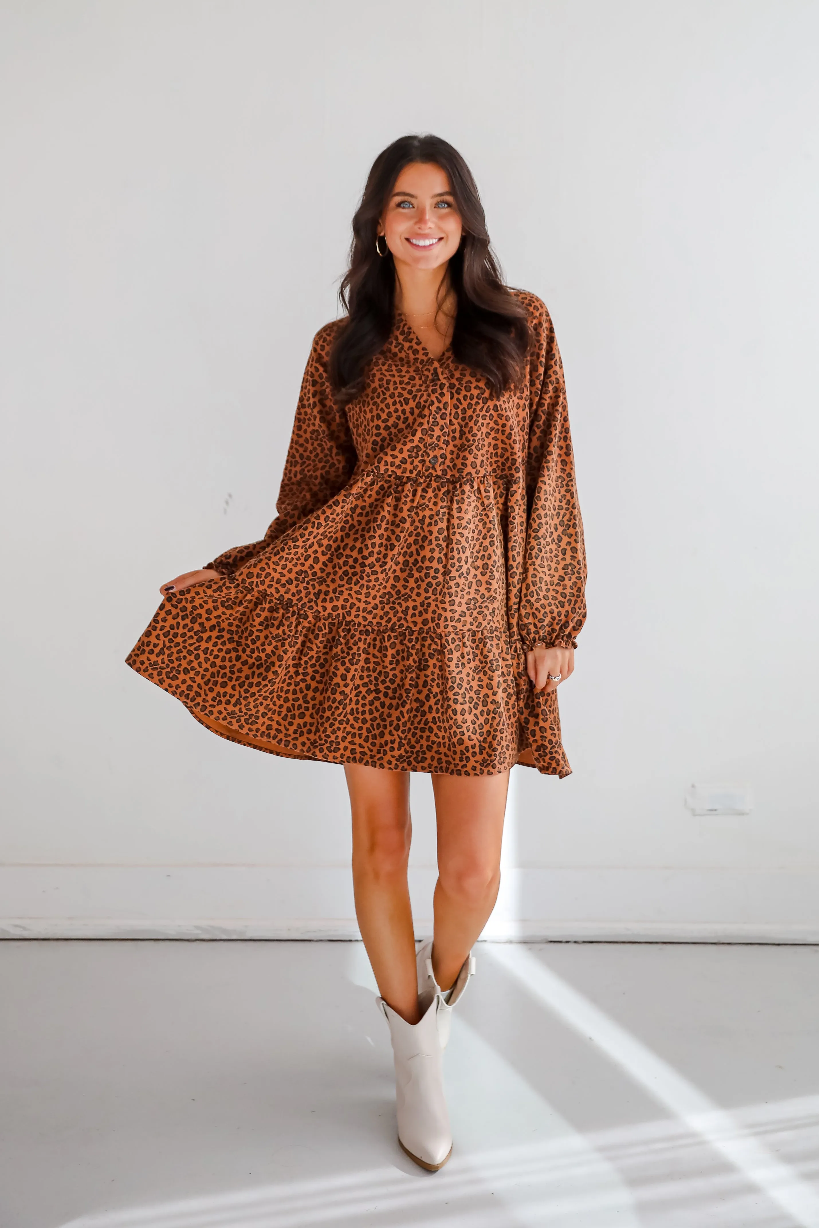 Fierce Charm Camel Leopard Tiered Mini Dress