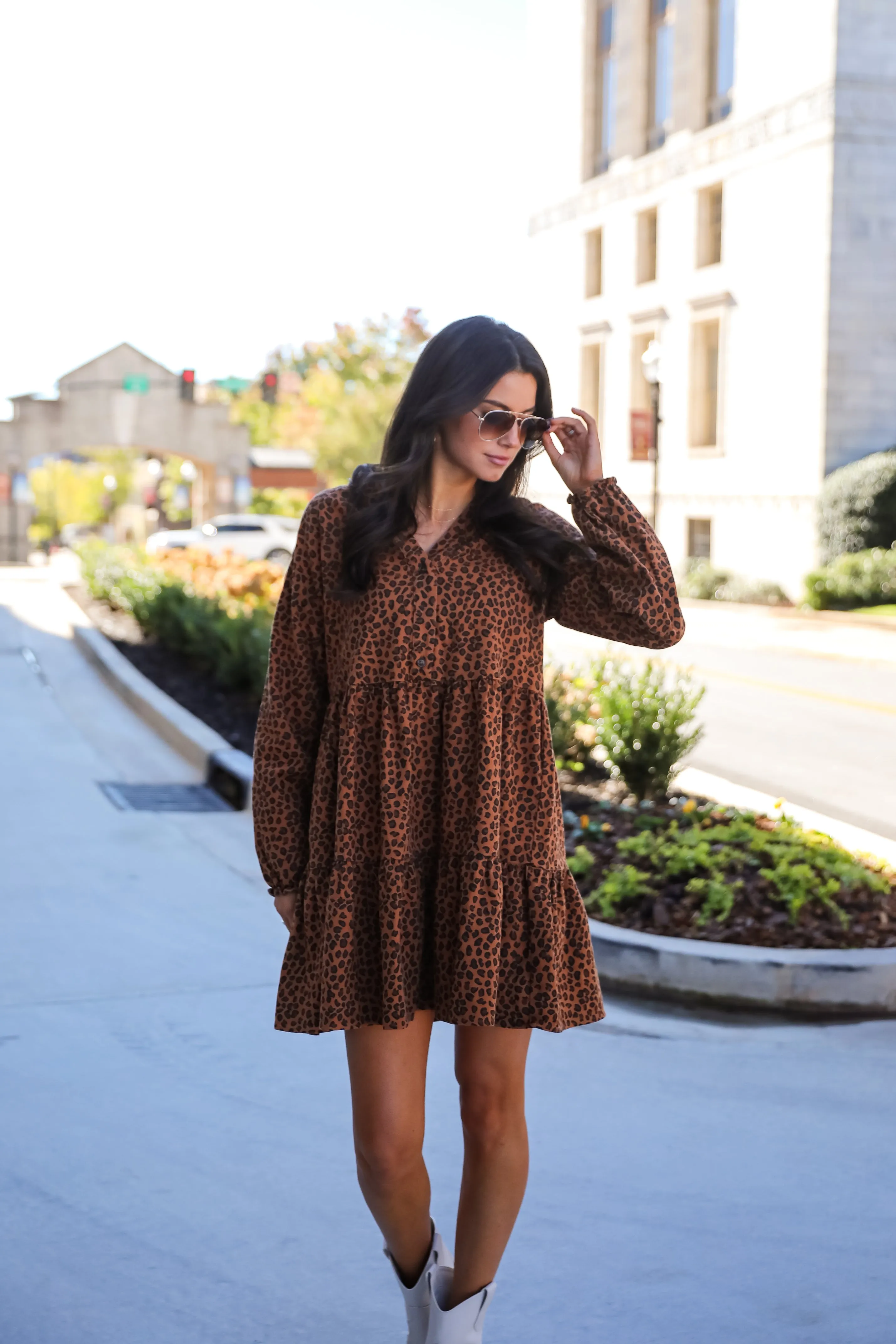 Fierce Charm Camel Leopard Tiered Mini Dress