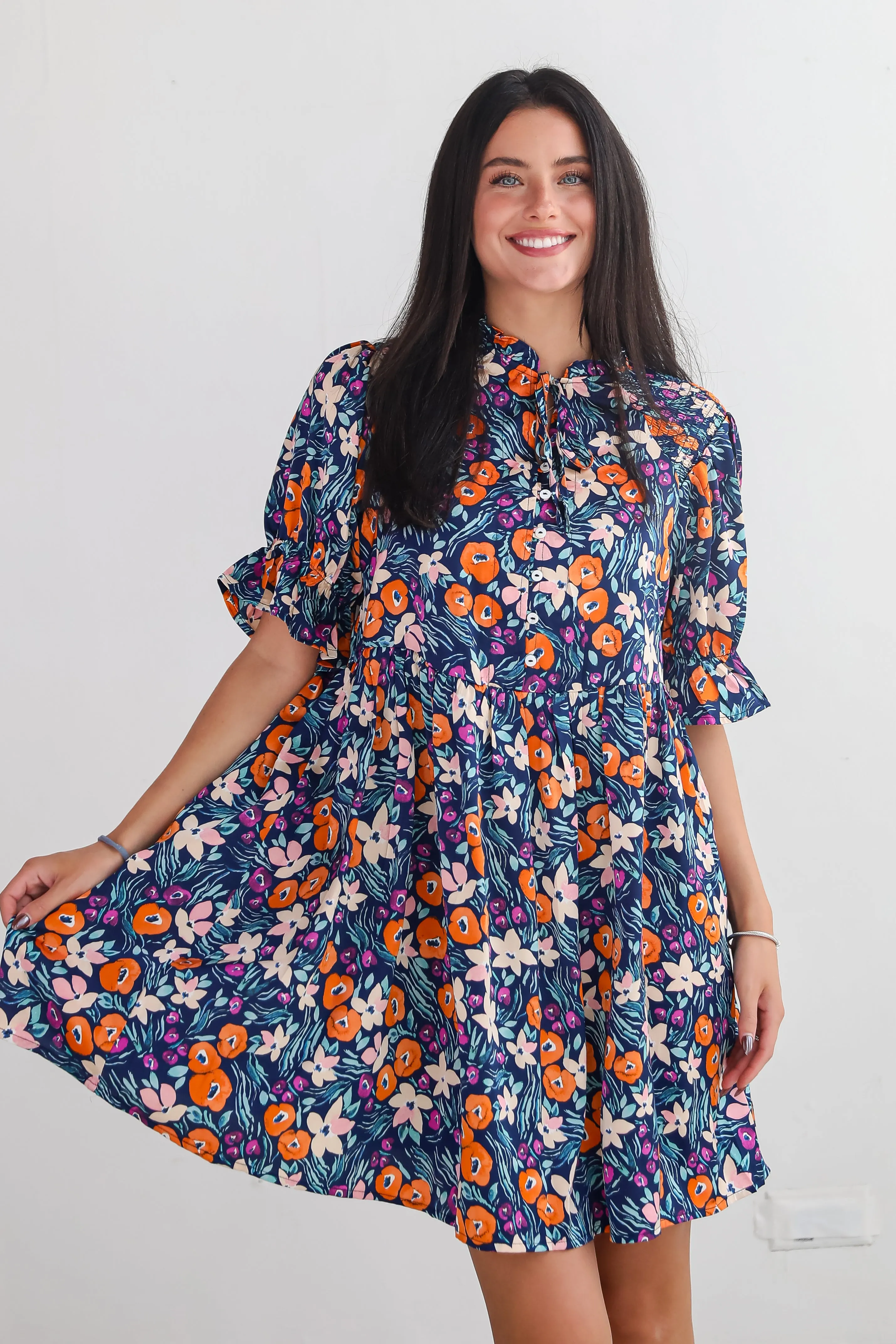 FINAL SALE - Adored Mood Navy Floral Babydoll Mini Dress