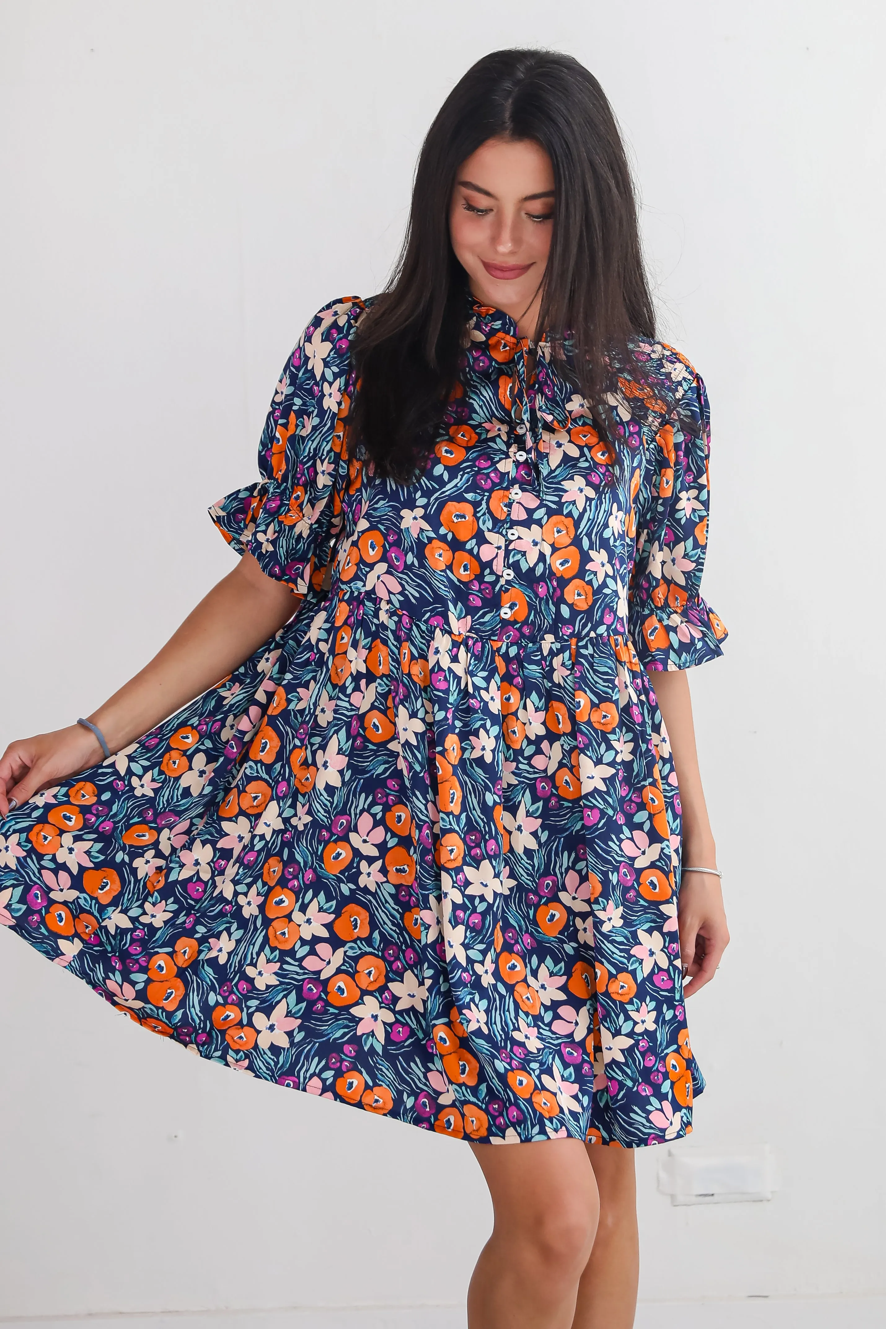 FINAL SALE - Adored Mood Navy Floral Babydoll Mini Dress