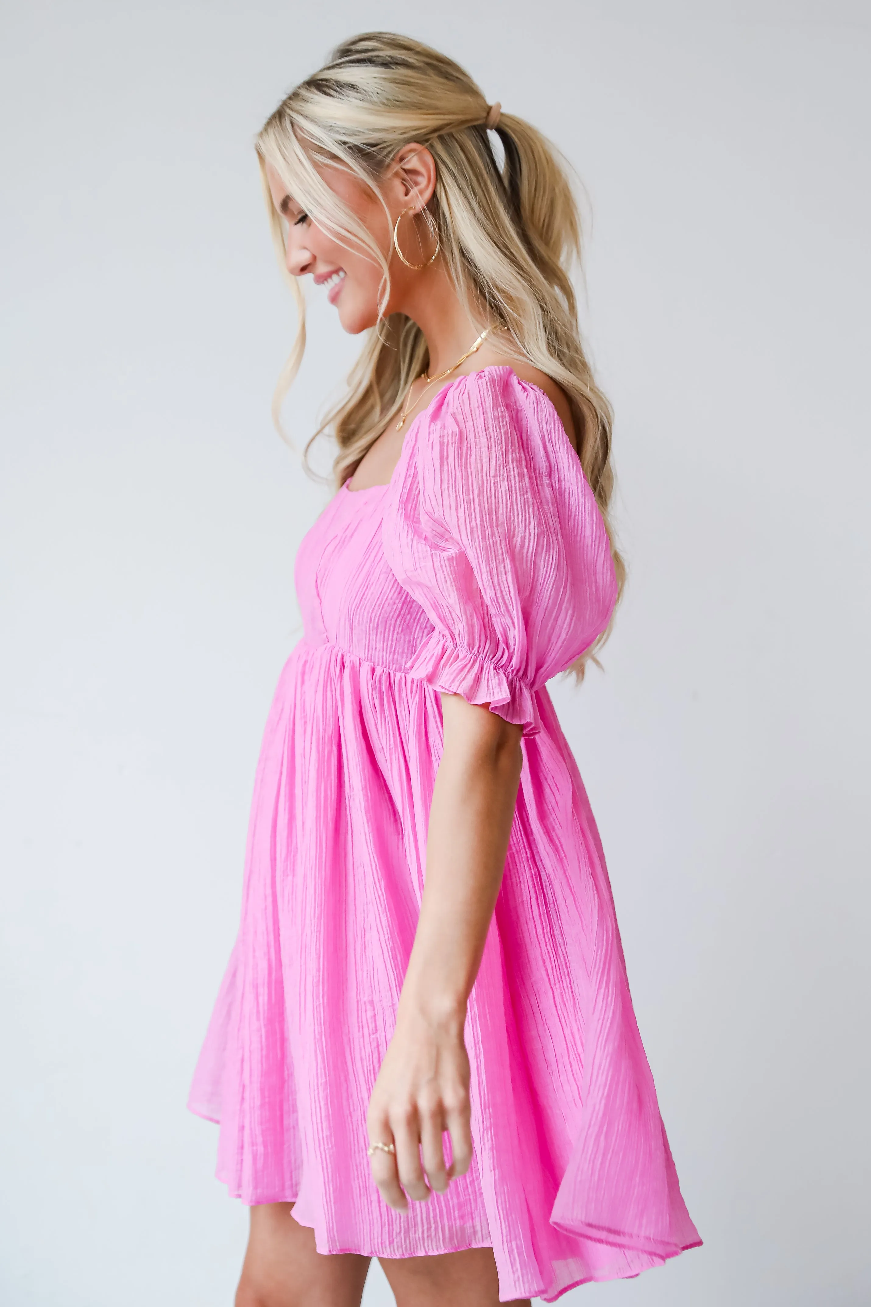 FINAL SALE - Lovely Boldness Pink Textured Babydoll Mini Dress