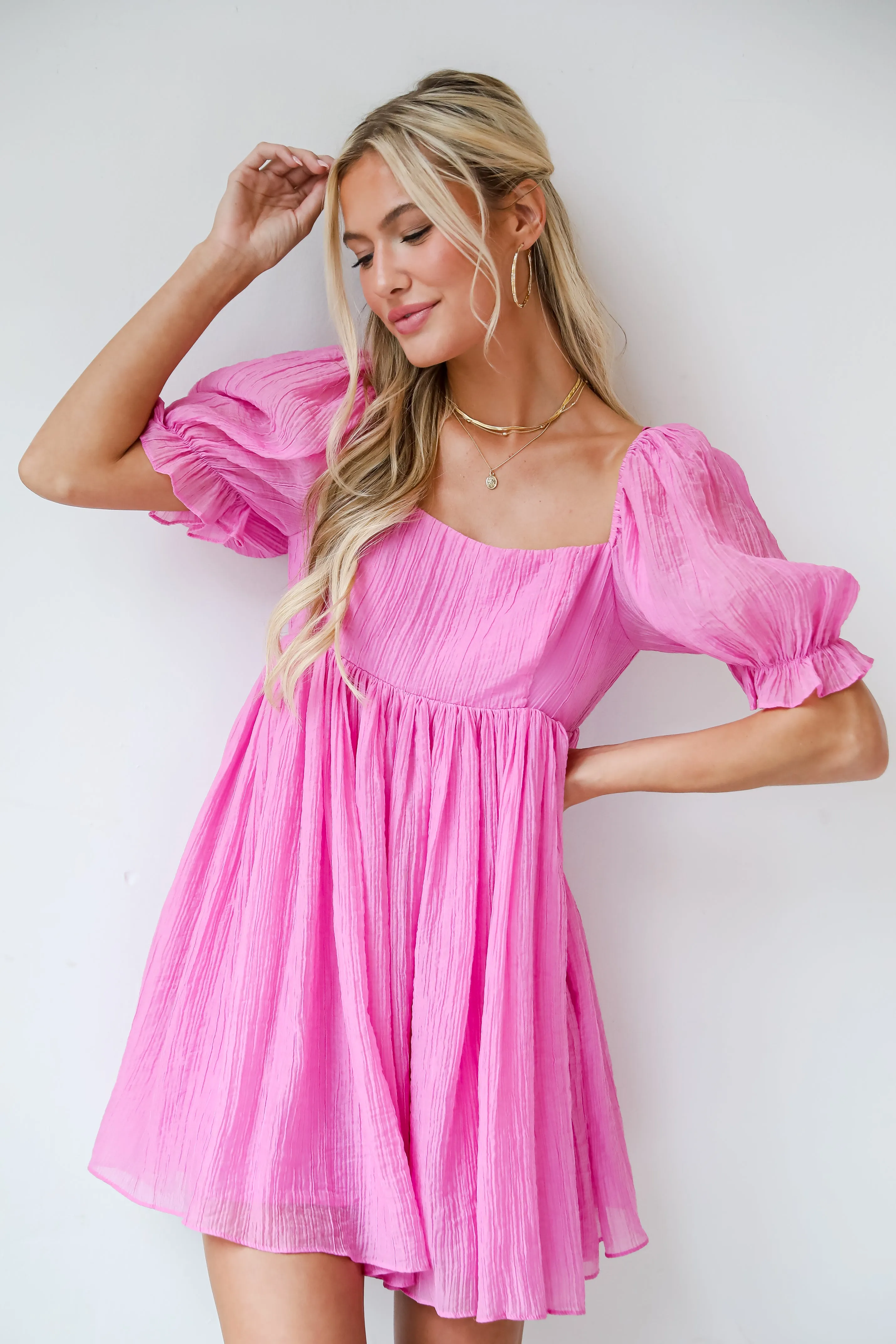 FINAL SALE - Lovely Boldness Pink Textured Babydoll Mini Dress