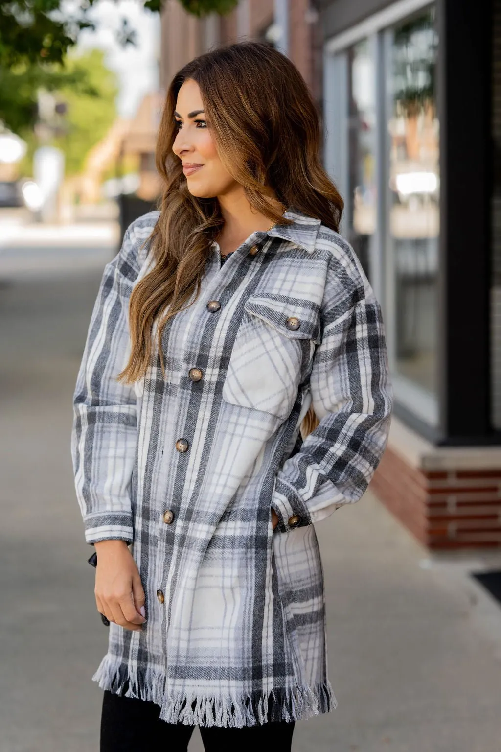 Fringe Bottom Plaid Tunic Shacket