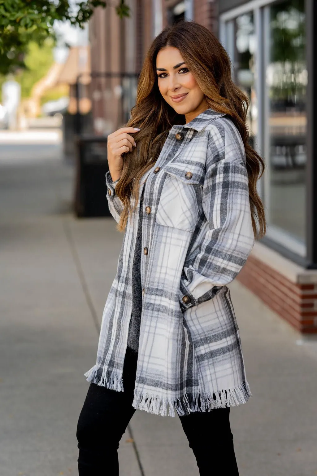 Fringe Bottom Plaid Tunic Shacket