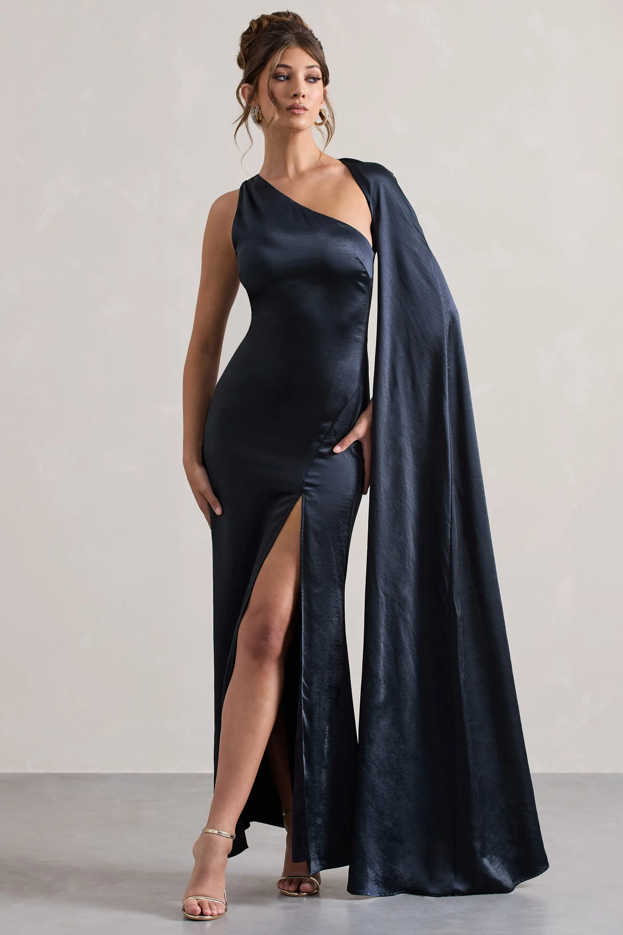 Gala | Navy Satin One-Shoulder Cape Sleeve Split Maxi Dress