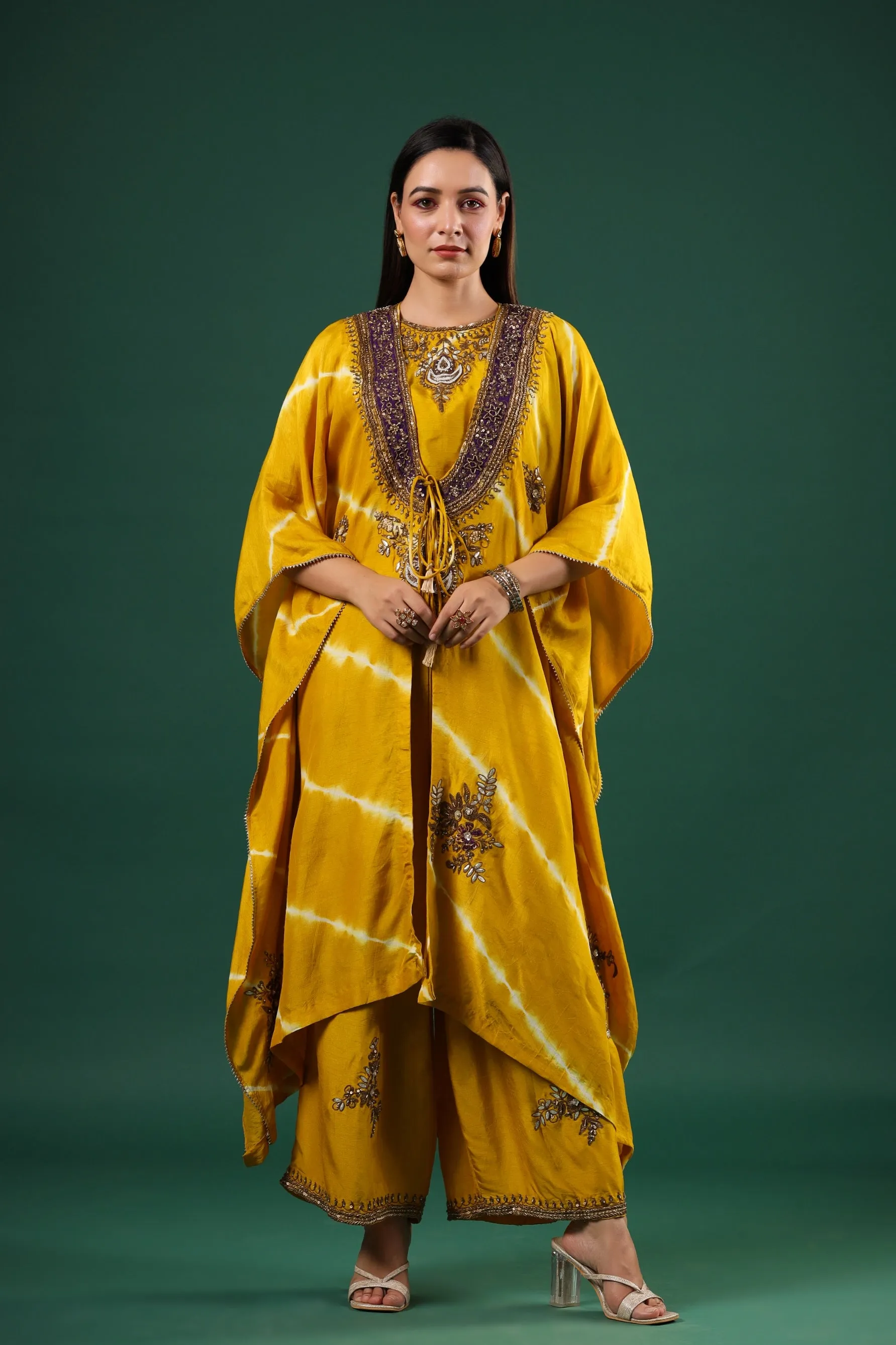 Golden Yellow Embellished Raw Silk Cape Set