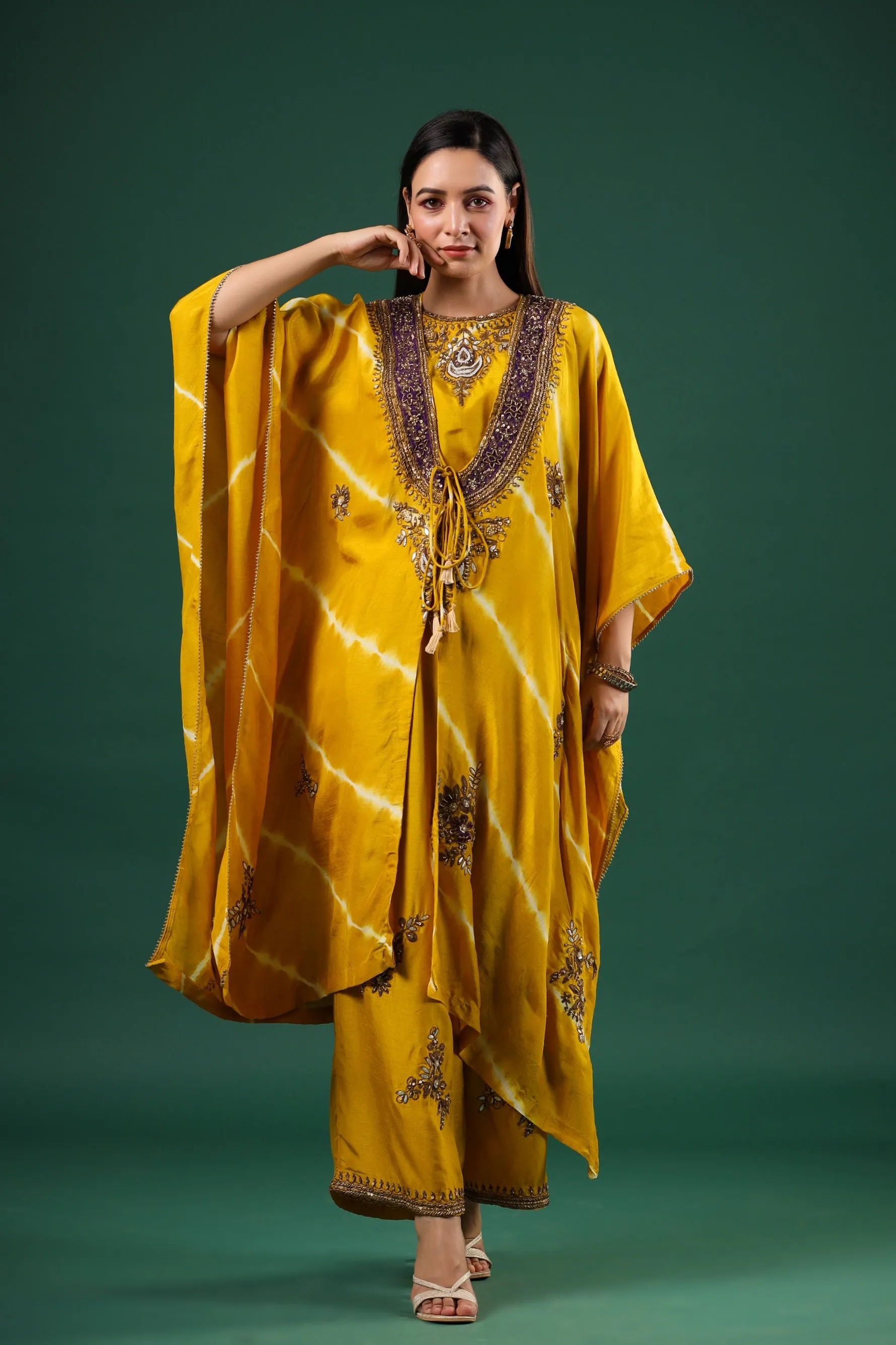 Golden Yellow Embellished Raw Silk Cape Set