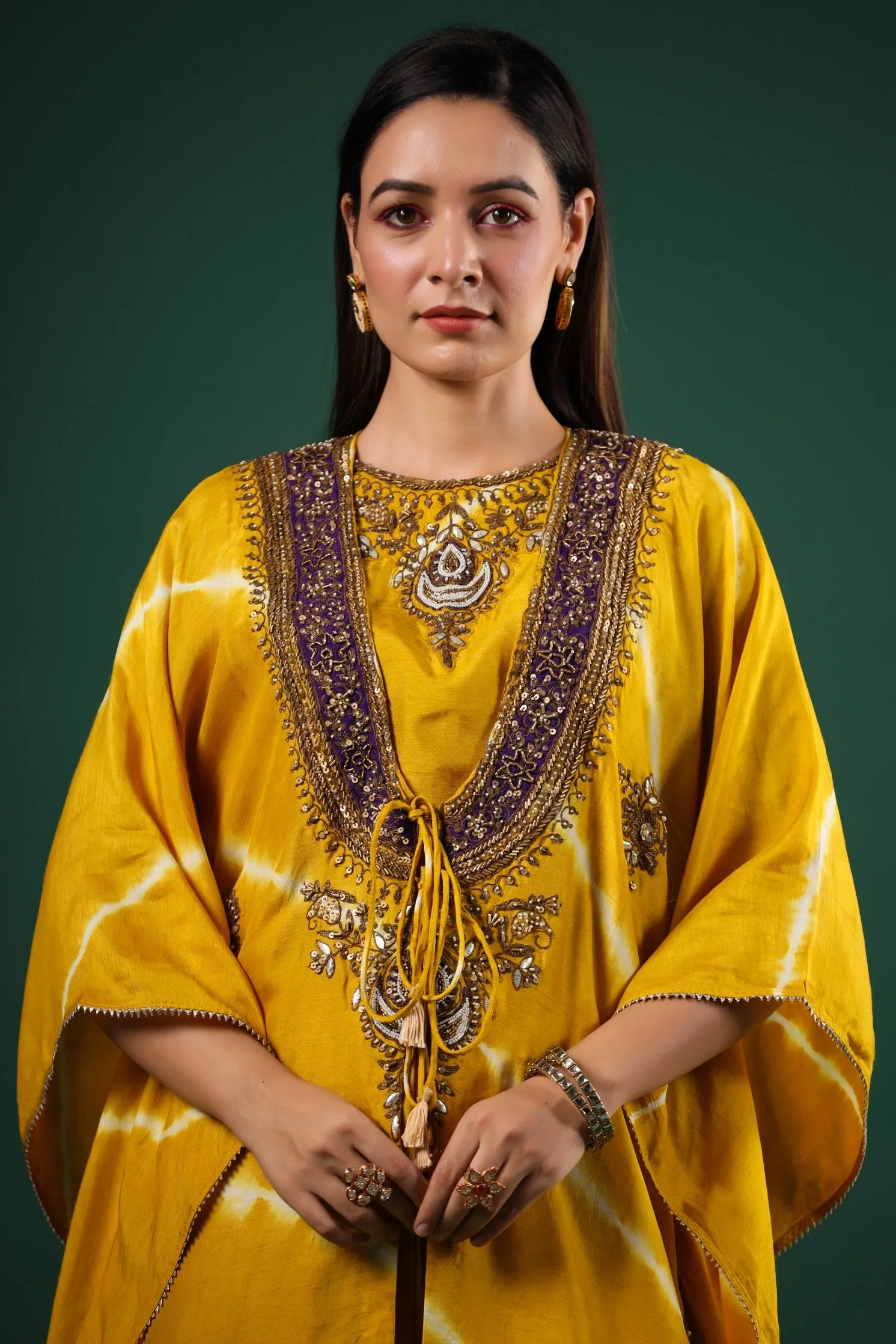 Golden Yellow Embellished Raw Silk Cape Set