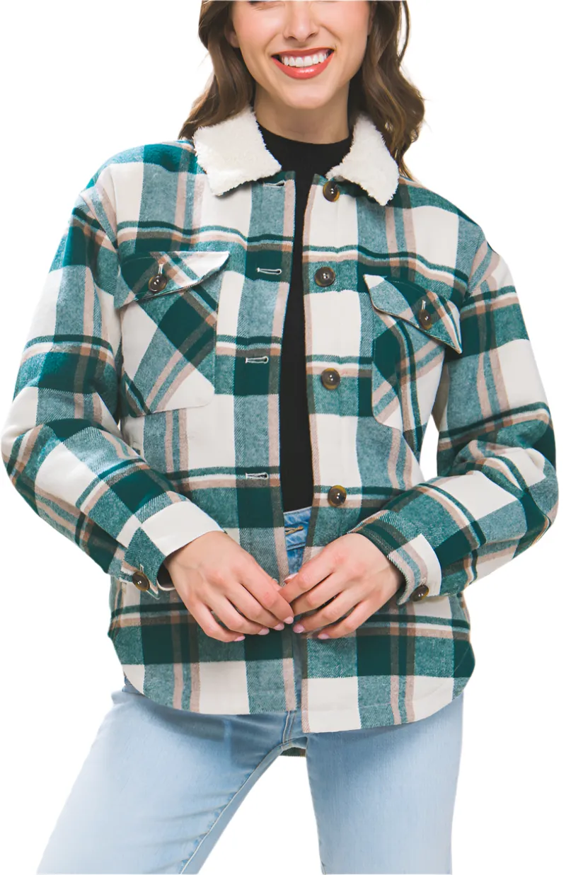 Green Sherpa Collar Plaid Shacket