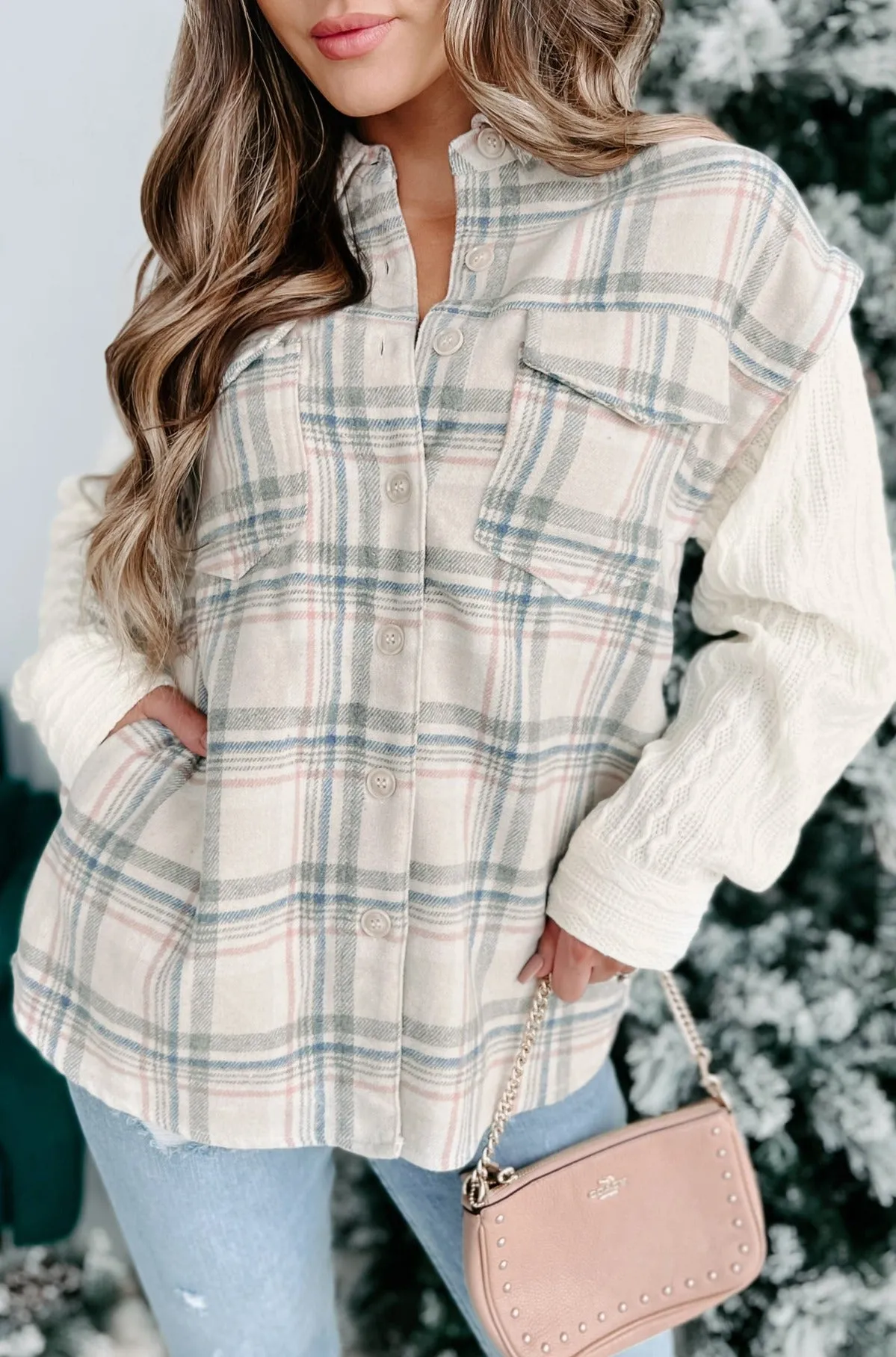 Happy Place Mixed Media Plaid Shacket (Taupe)