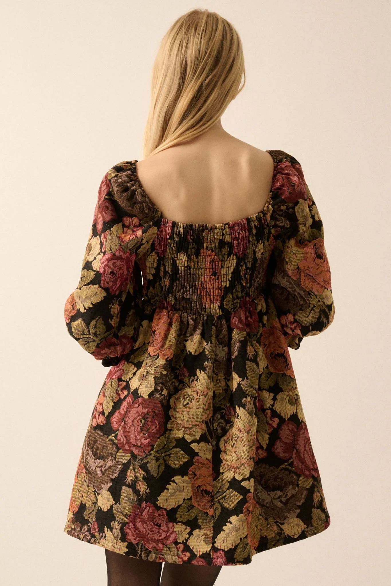 Haute Harvest Floral Tapestry Babydoll Mini Dress