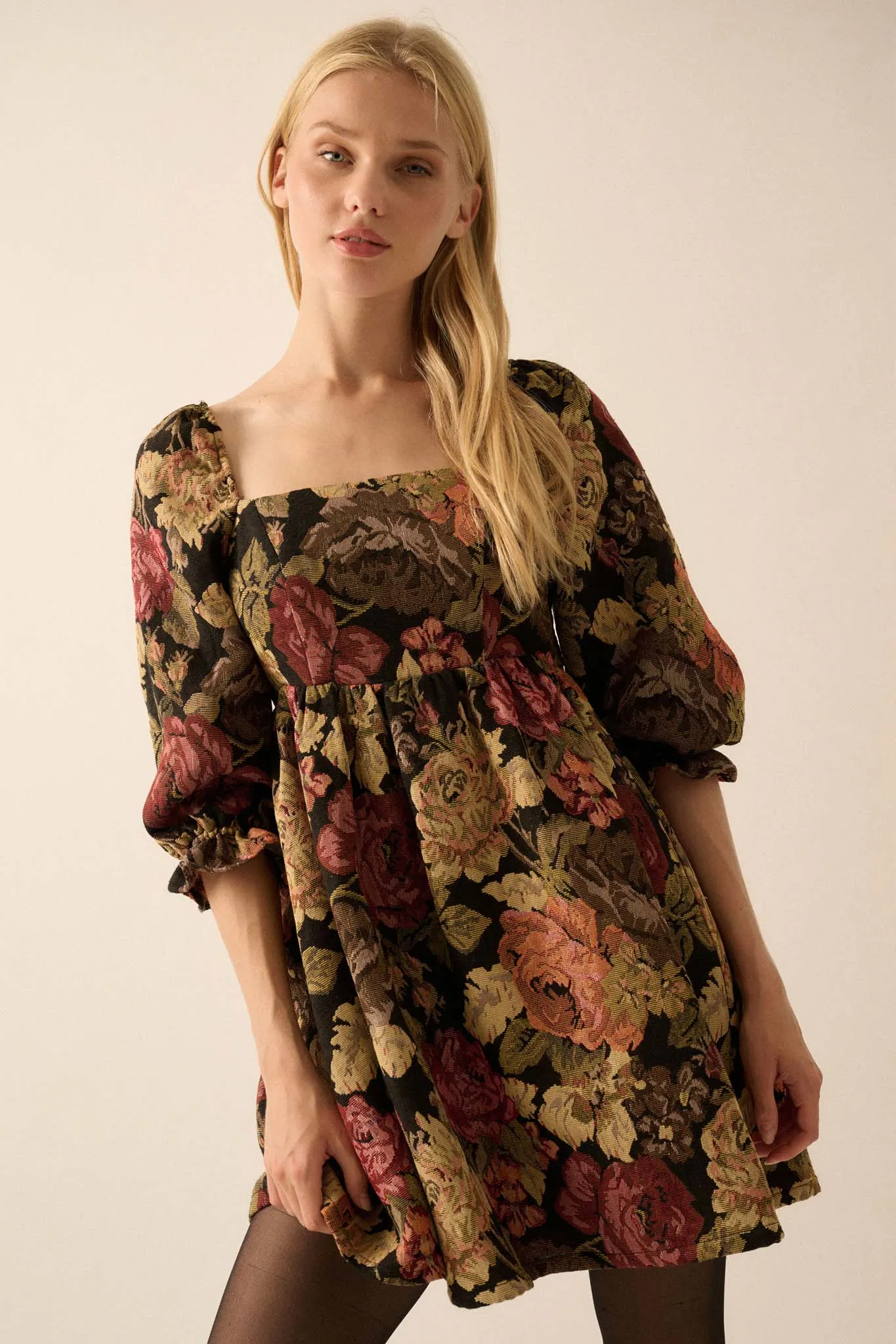 Haute Harvest Floral Tapestry Babydoll Mini Dress