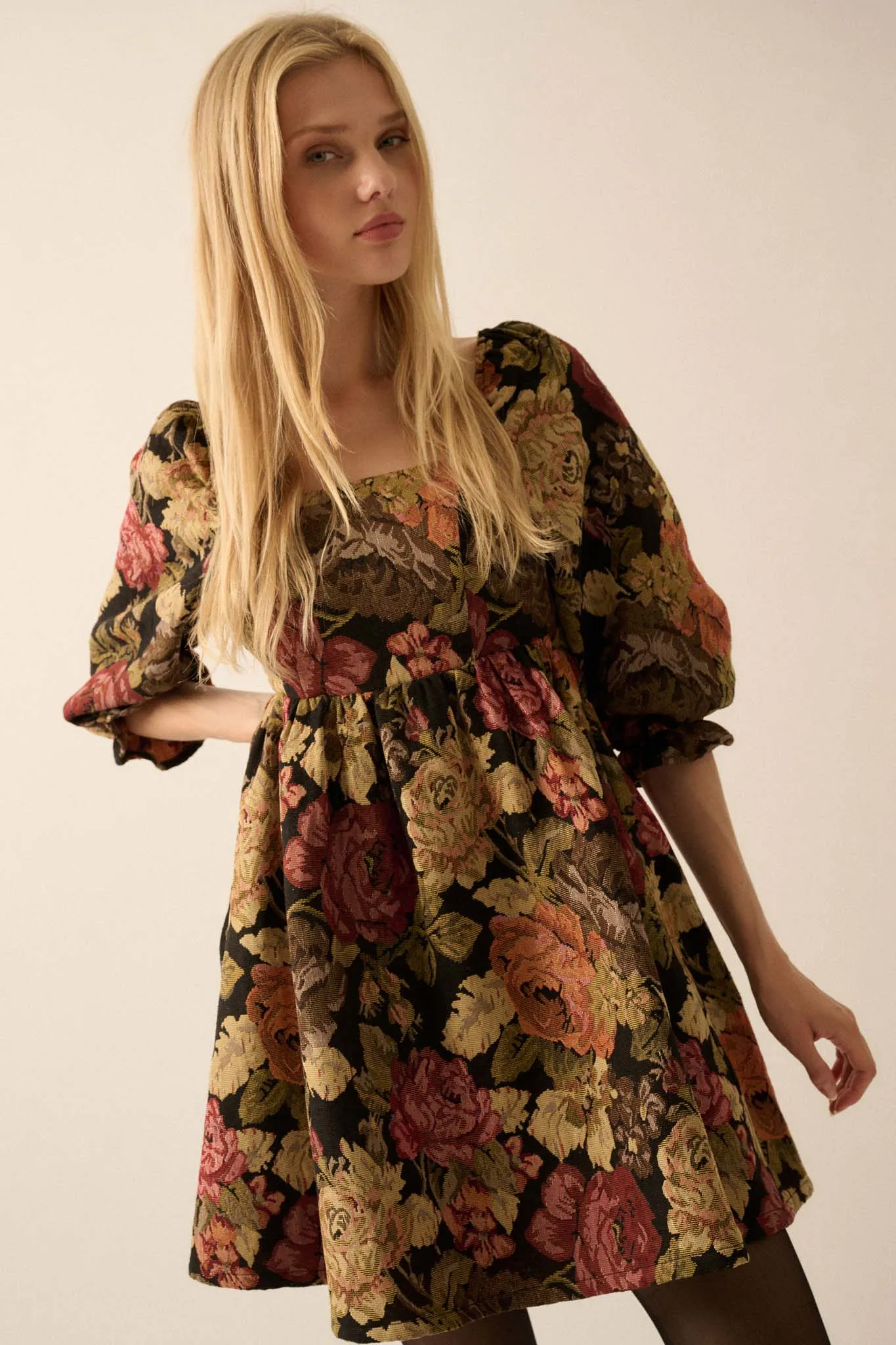 Haute Harvest Floral Tapestry Babydoll Mini Dress