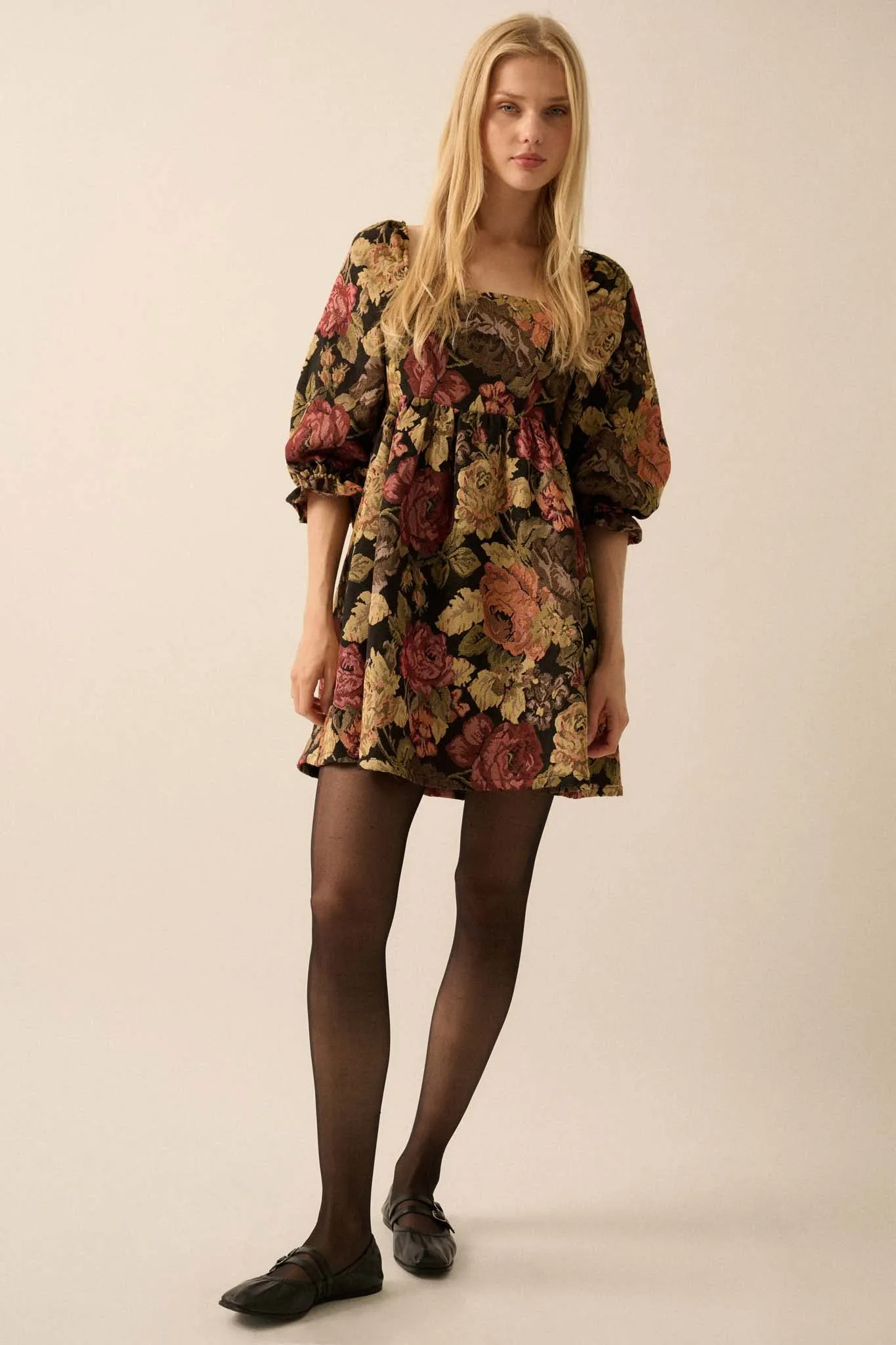 Haute Harvest Floral Tapestry Babydoll Mini Dress