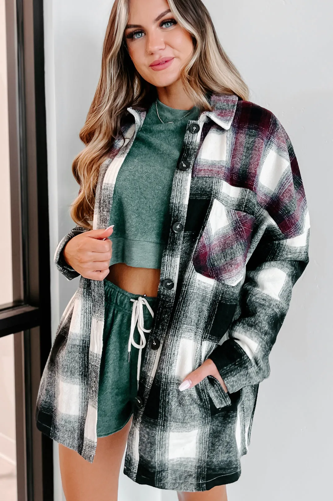 Heading North Oversized Colorblock Plaid Shacket (Black/Burgundy)