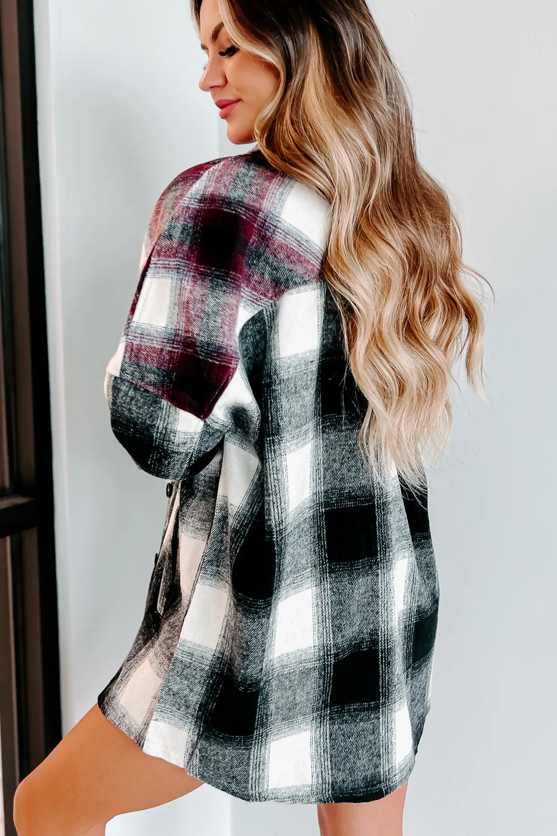 Heading North Oversized Colorblock Plaid Shacket (Black/Burgundy)