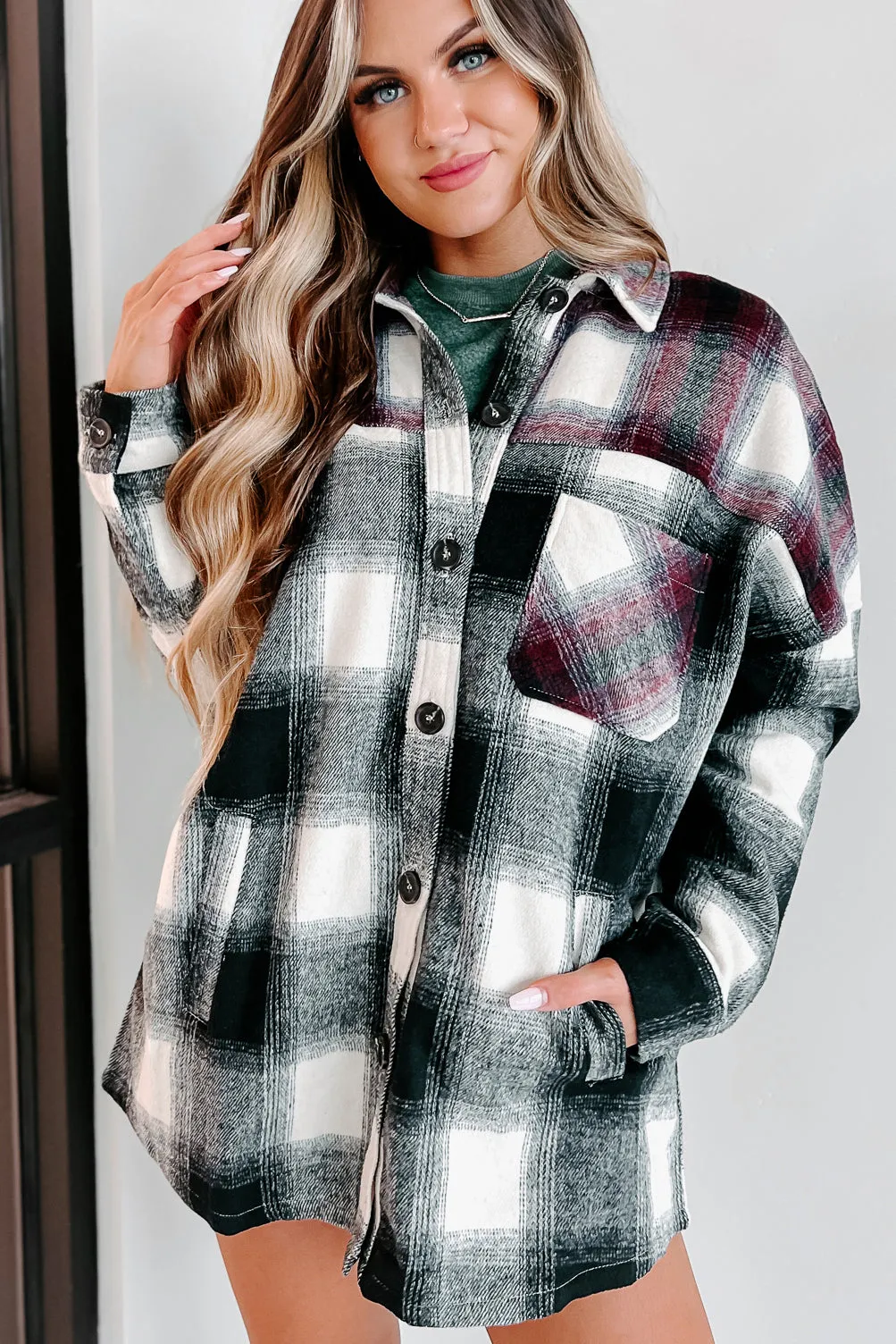 Heading North Oversized Colorblock Plaid Shacket (Black/Burgundy)