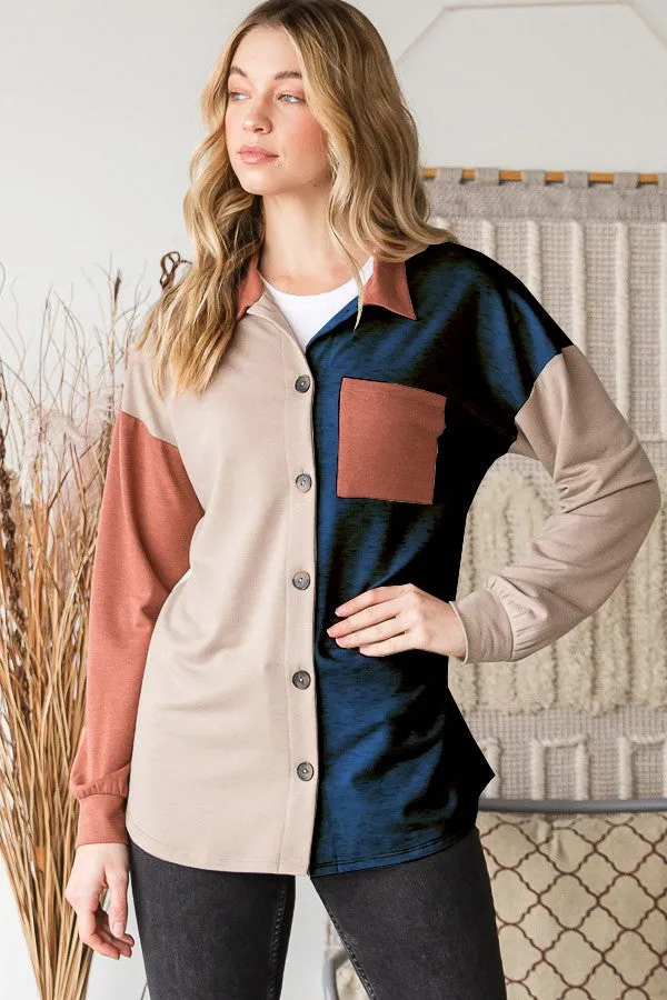 Heimish Full Size Color Block Button Down Shacket