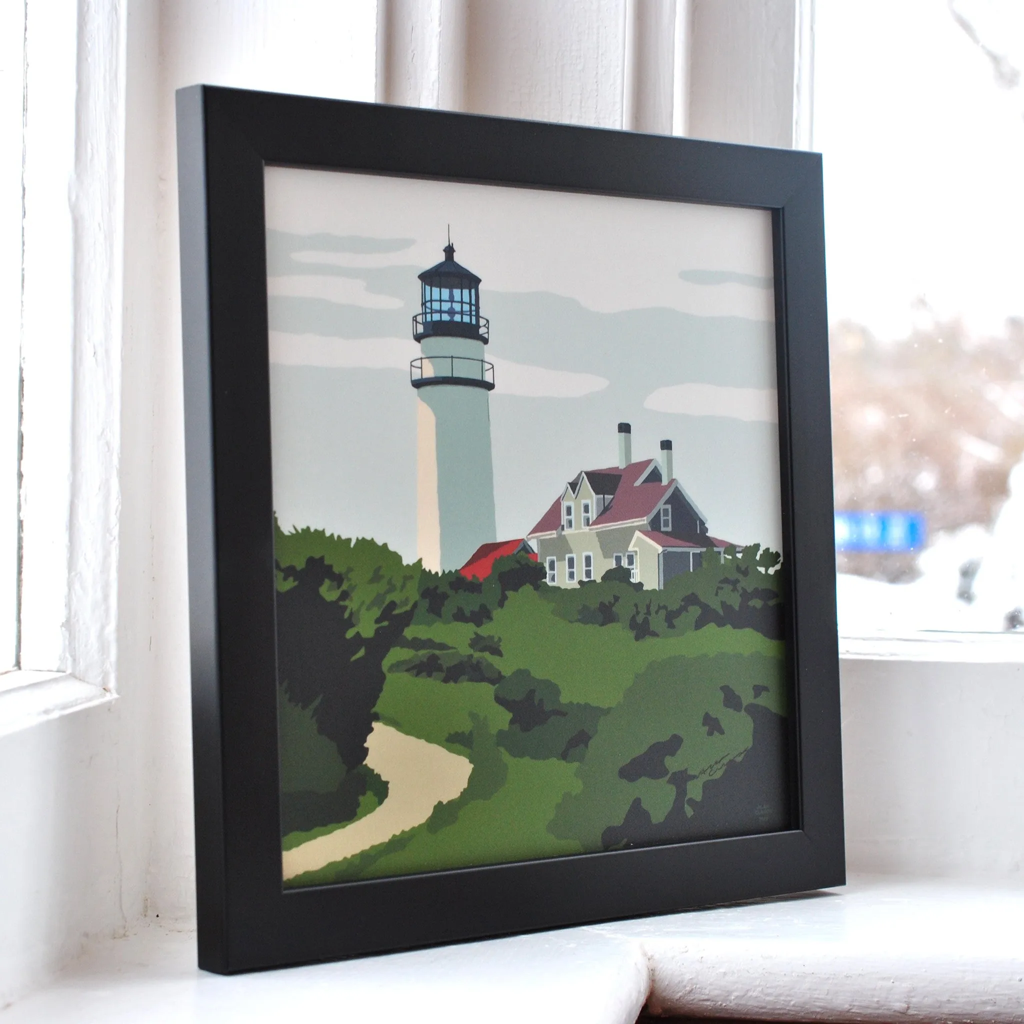 Highland Light Art Print 8" x 8" Framed Wall Poster By Alan Claude - Massachusetts