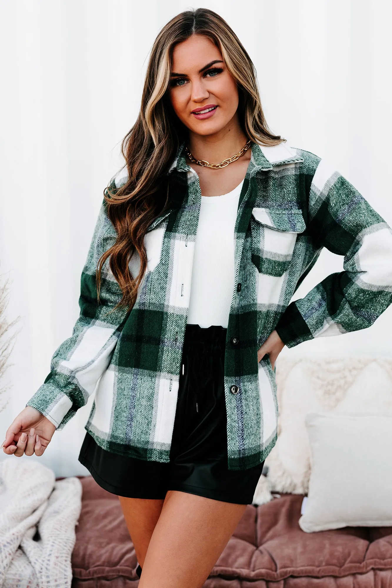 Into The Wilderness Oversized Plaid Shacket (Hunter Green)