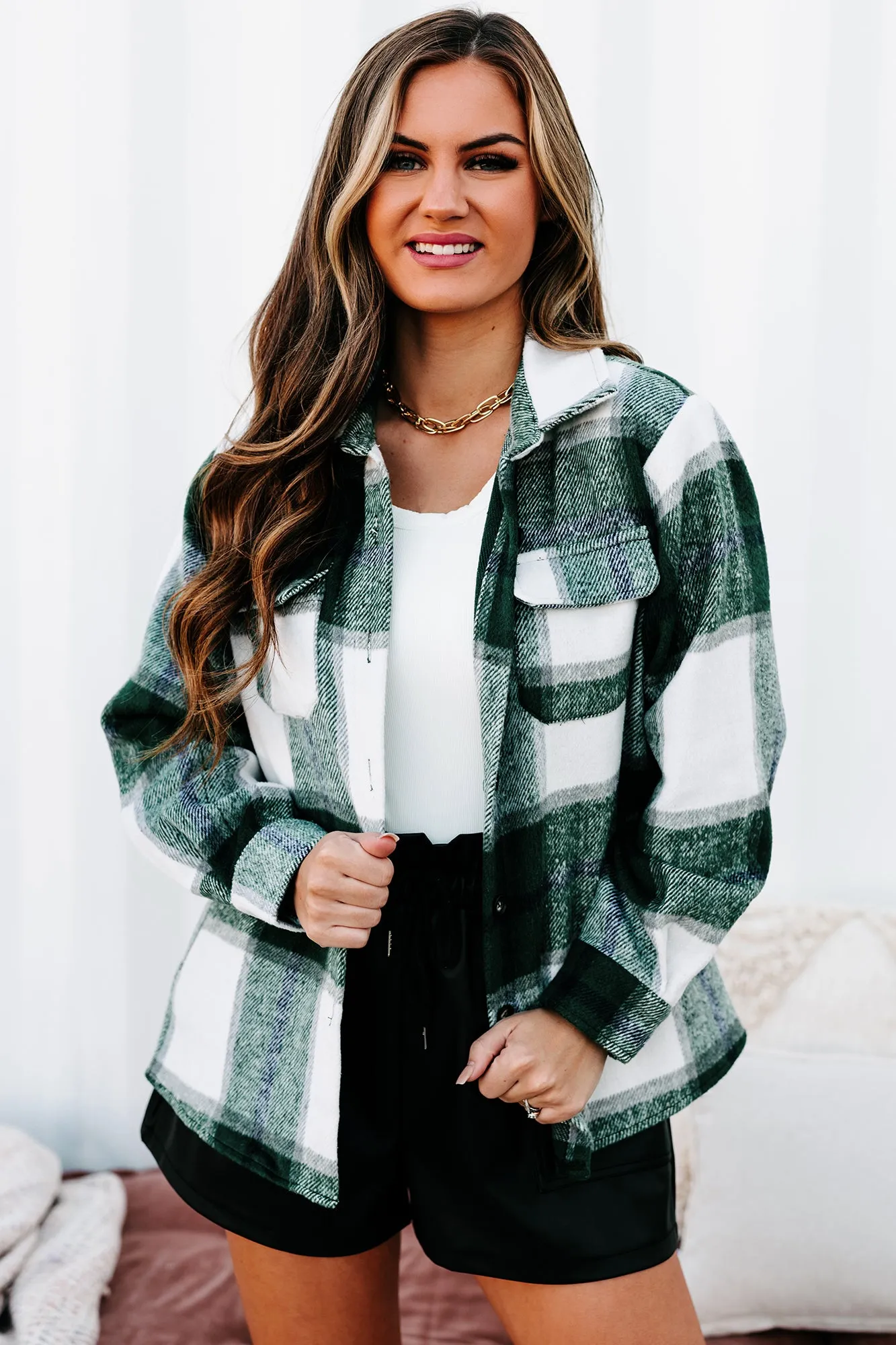 Into The Wilderness Oversized Plaid Shacket (Hunter Green)