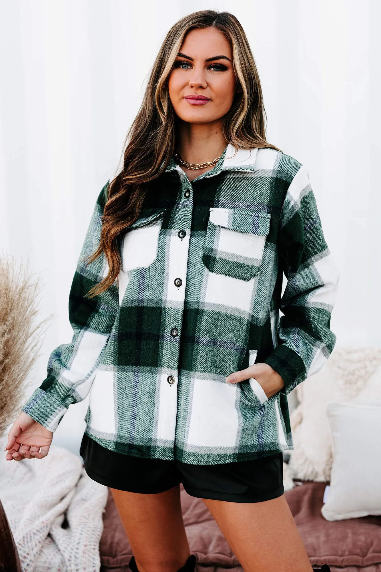 Into The Wilderness Oversized Plaid Shacket (Hunter Green)