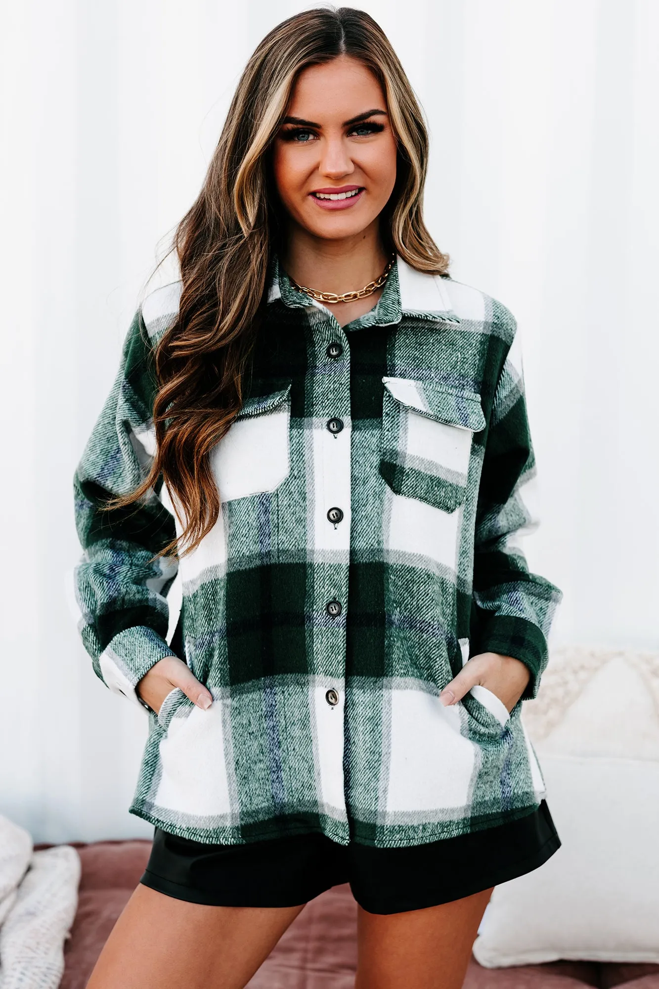 Into The Wilderness Oversized Plaid Shacket (Hunter Green)